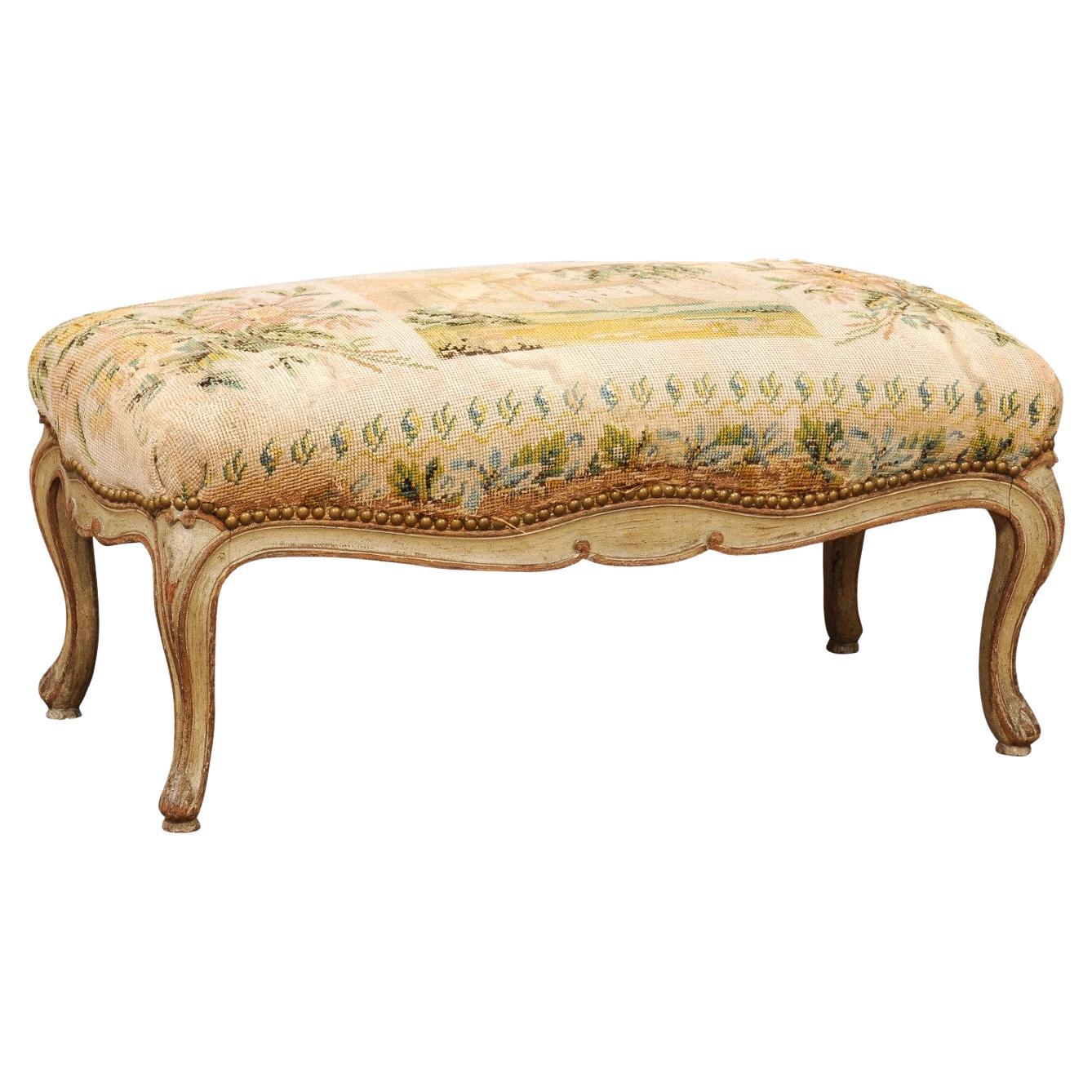 French Louis XV Style Green Painted & Parcel Gilt Bench with Needlework  For Sale