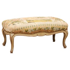 French Louis XV Style Green Painted & Parcel Gilt Bench with Needlework 