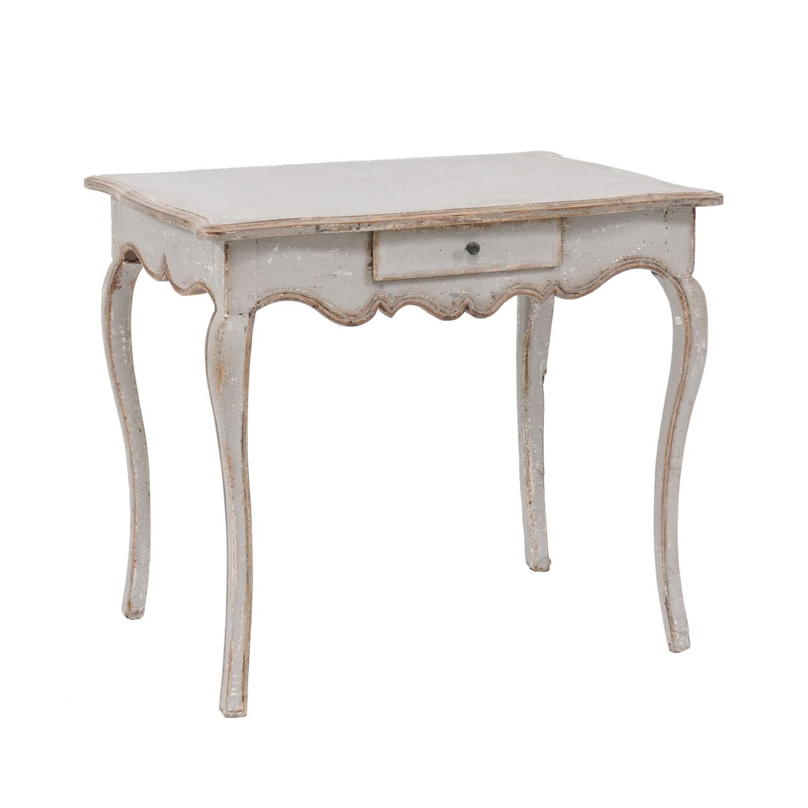 French Louis XV Style Grey Painted Pine Table with Single Drawer, circa 1880
