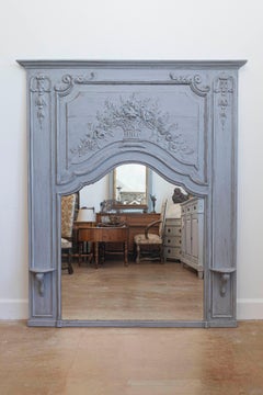 French Louis XV Style Grey Painted Trumeau Mirror with Carved Floral Decor