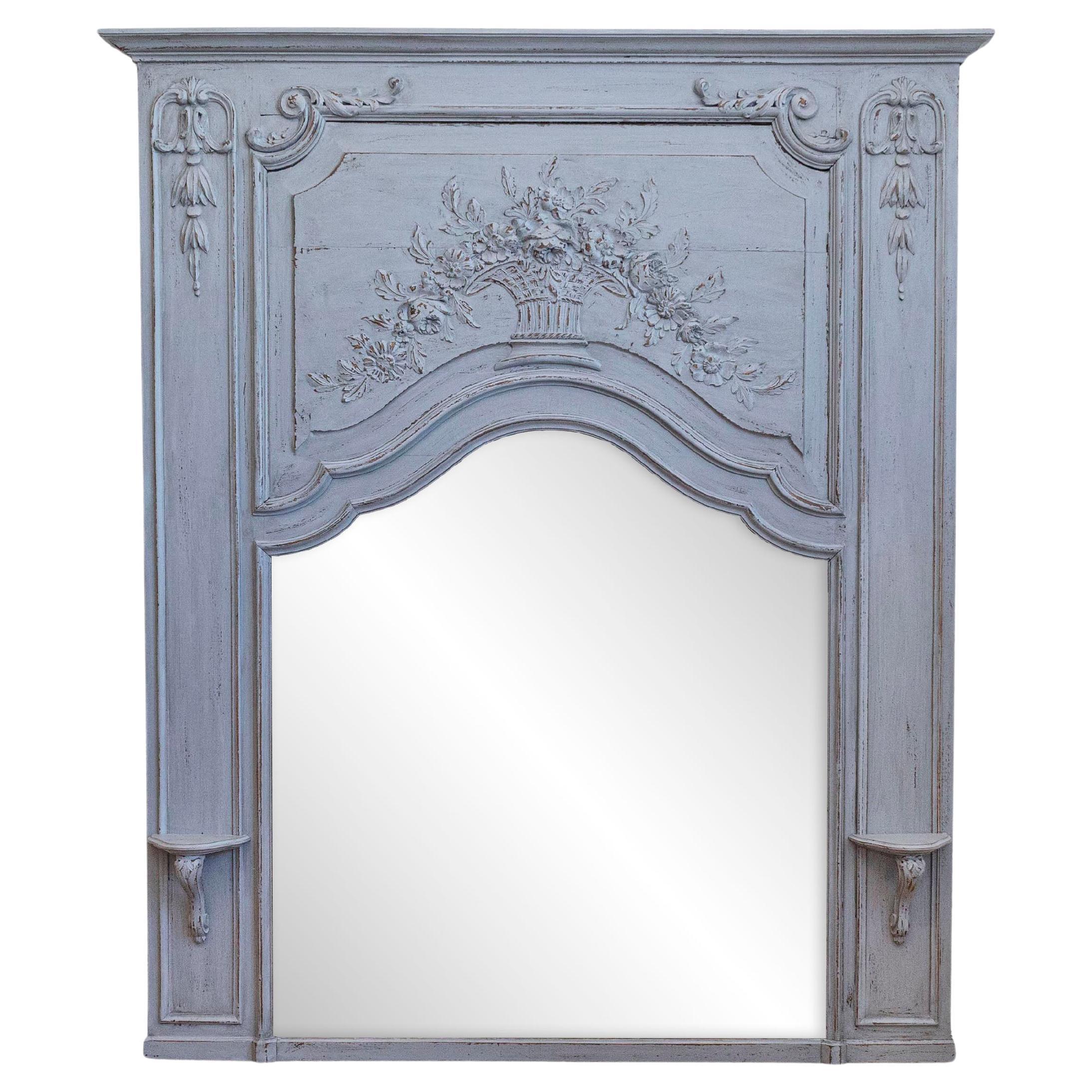 French Louis XV Style Grey Painted Trumeau Mirror with Carved Floral Decor For Sale