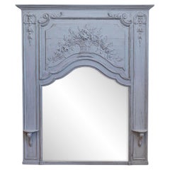 French Louis XV Style Grey Painted Trumeau Mirror with Carved Floral Decor