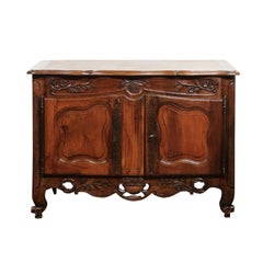 French Louis XV Style Hand-Carved Walnut Buffet, circa 1800 with Floral Motifs