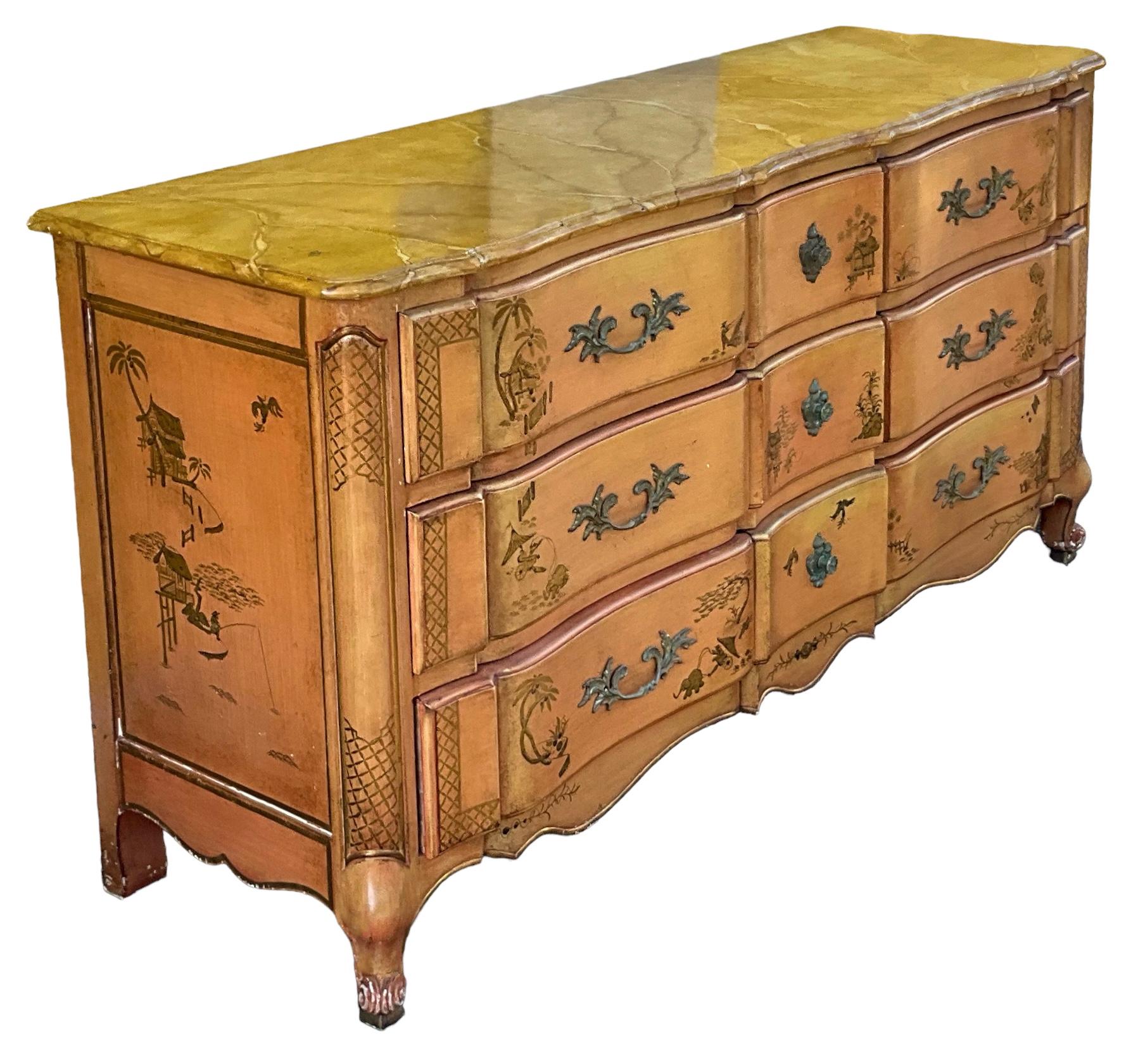 Unknown French Louis XV Style Hand Painted Faux Marble Chest Chinoiserie Chest Commode For Sale