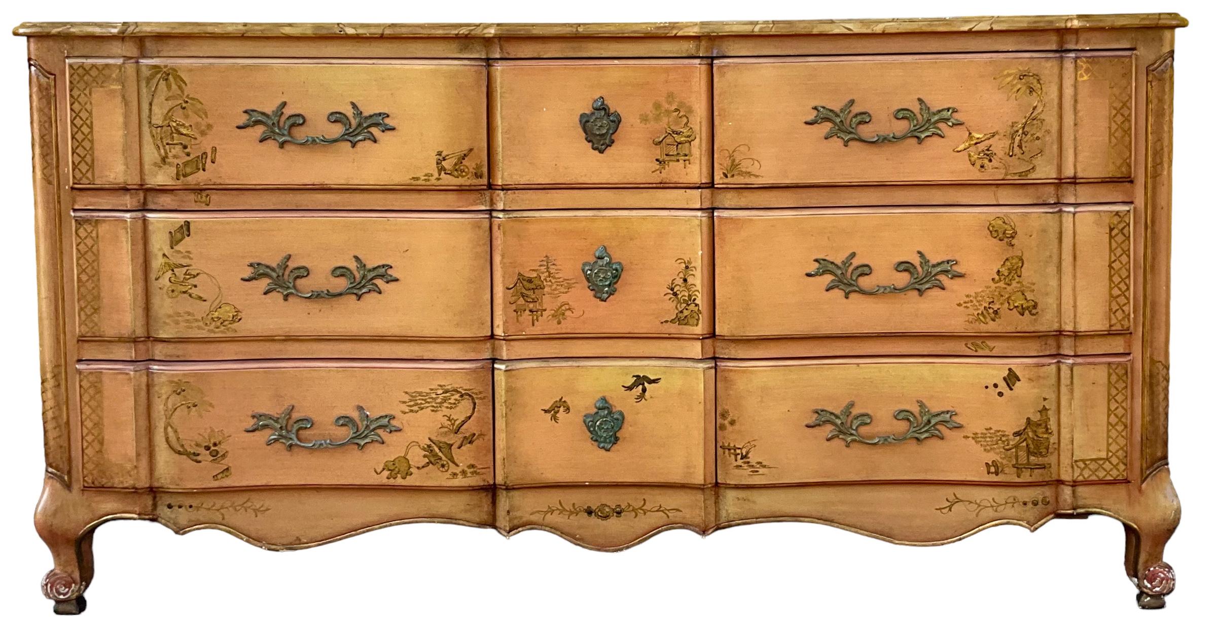 French Louis XV Style Hand Painted Faux Marble Chest Chinoiserie Chest Commode In Good Condition For Sale In Kennesaw, GA