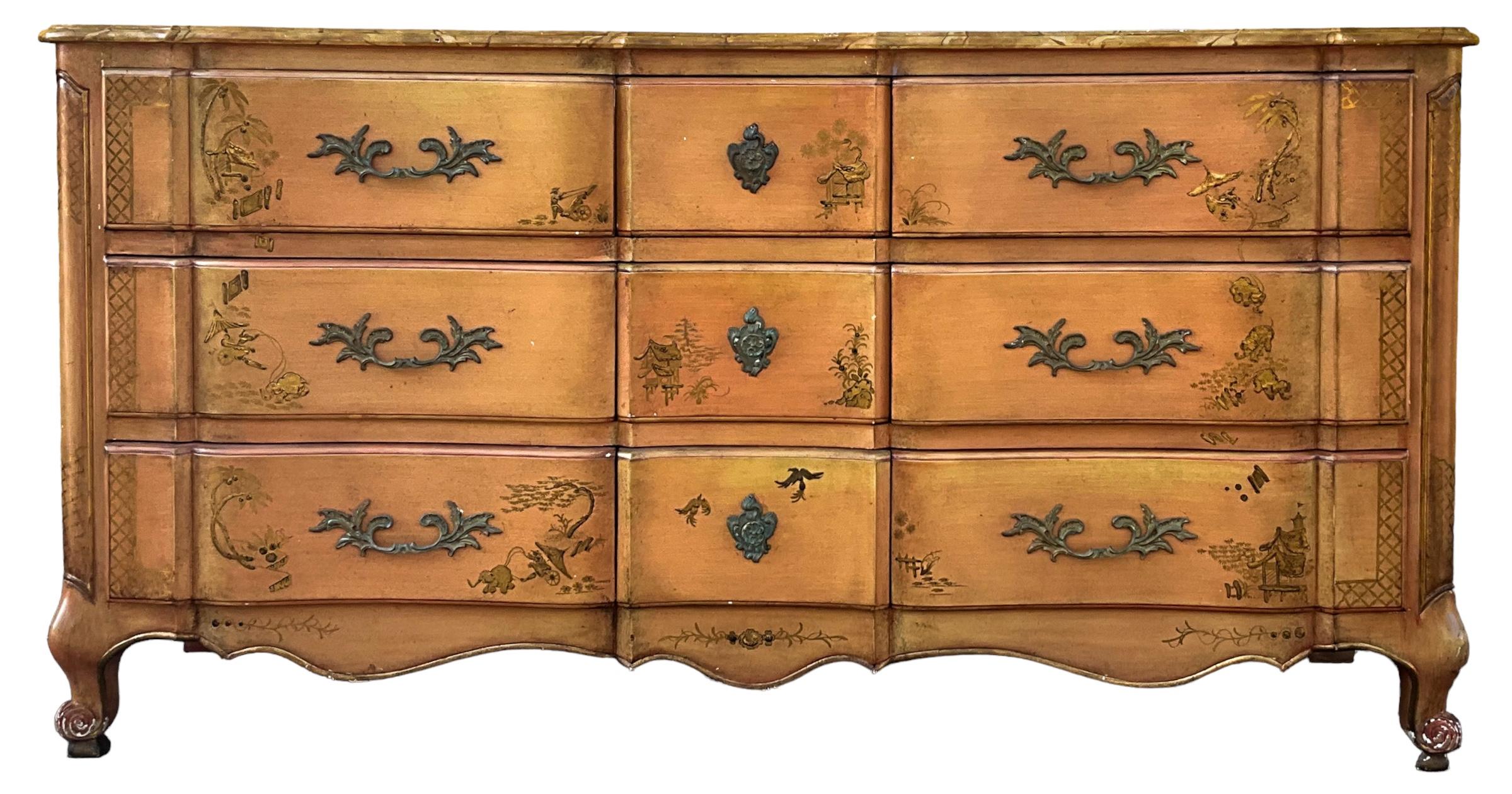Walnut French Louis XV Style Hand Painted Faux Marble Chest Chinoiserie Chest Commode For Sale