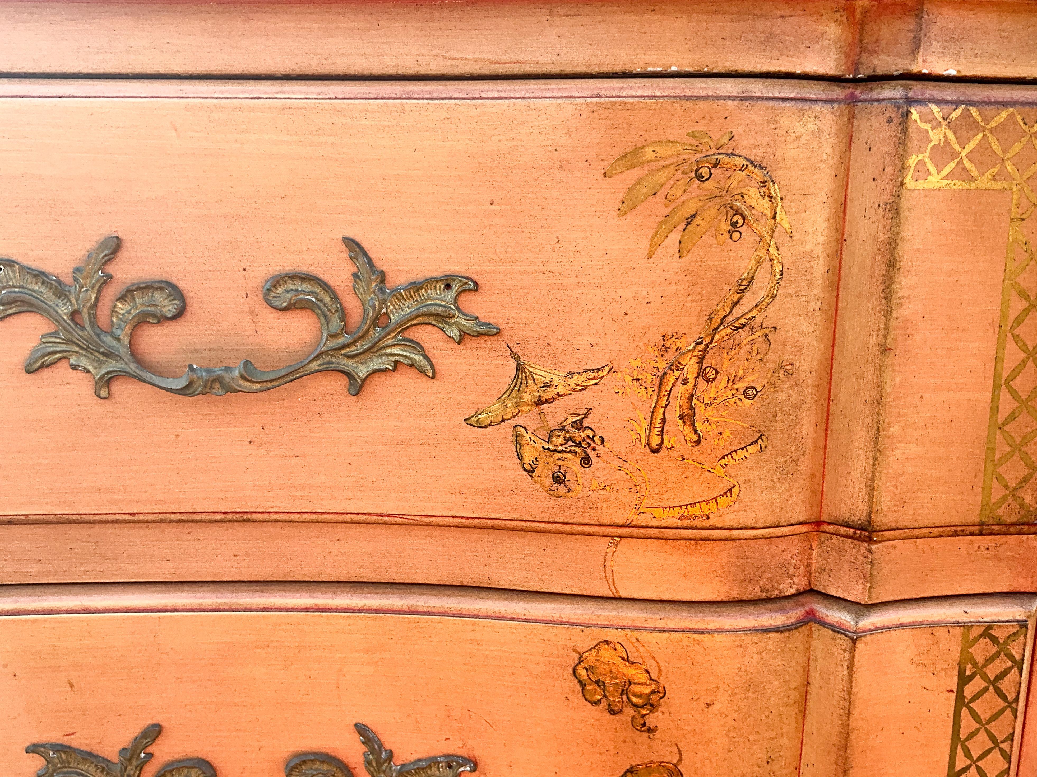 French Louis XV Style Hand Painted Faux Marble Chest Chinoiserie Chest Commode For Sale 2