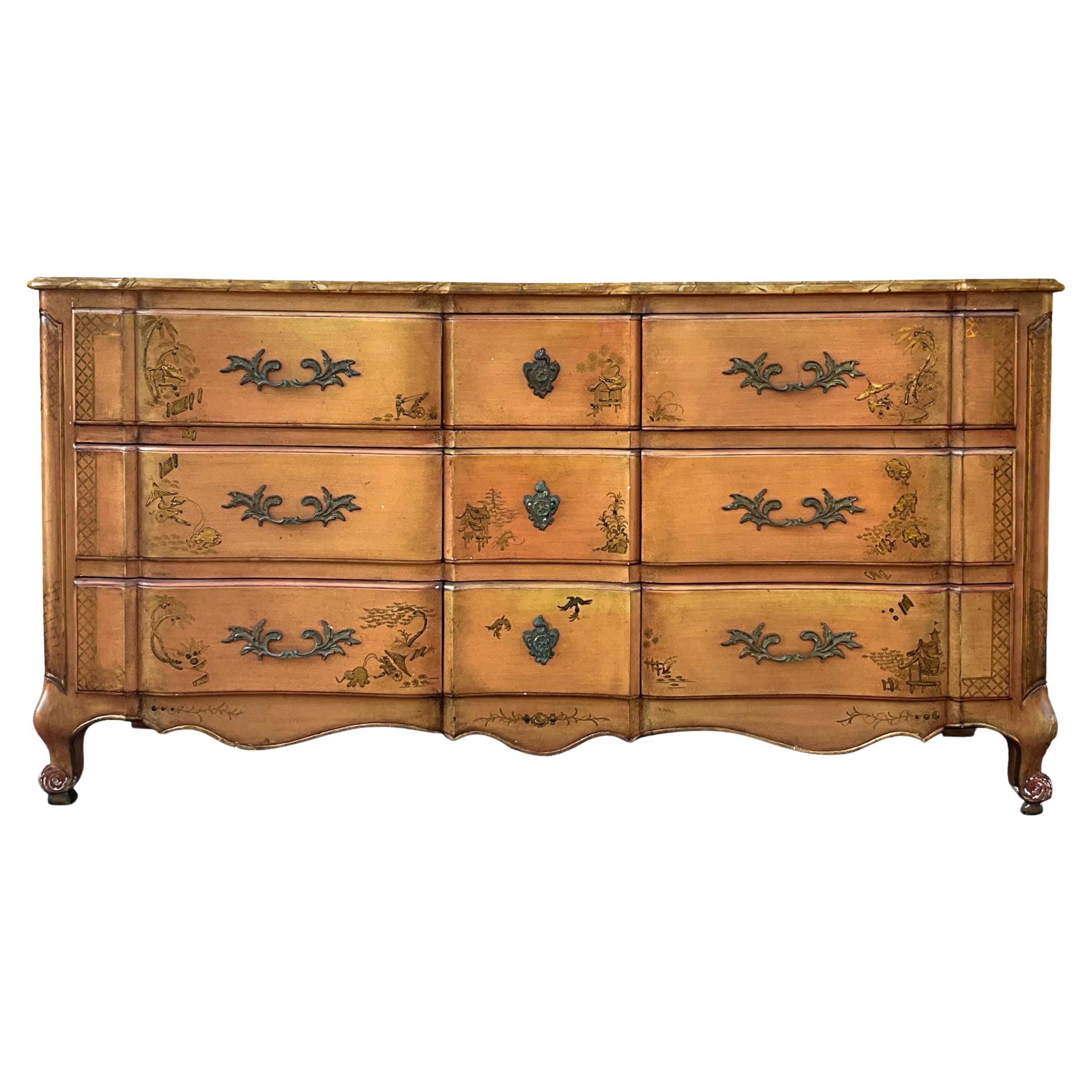 French Louis XV Style Hand Painted Faux Marble Chest Chinoiserie Chest Commode
