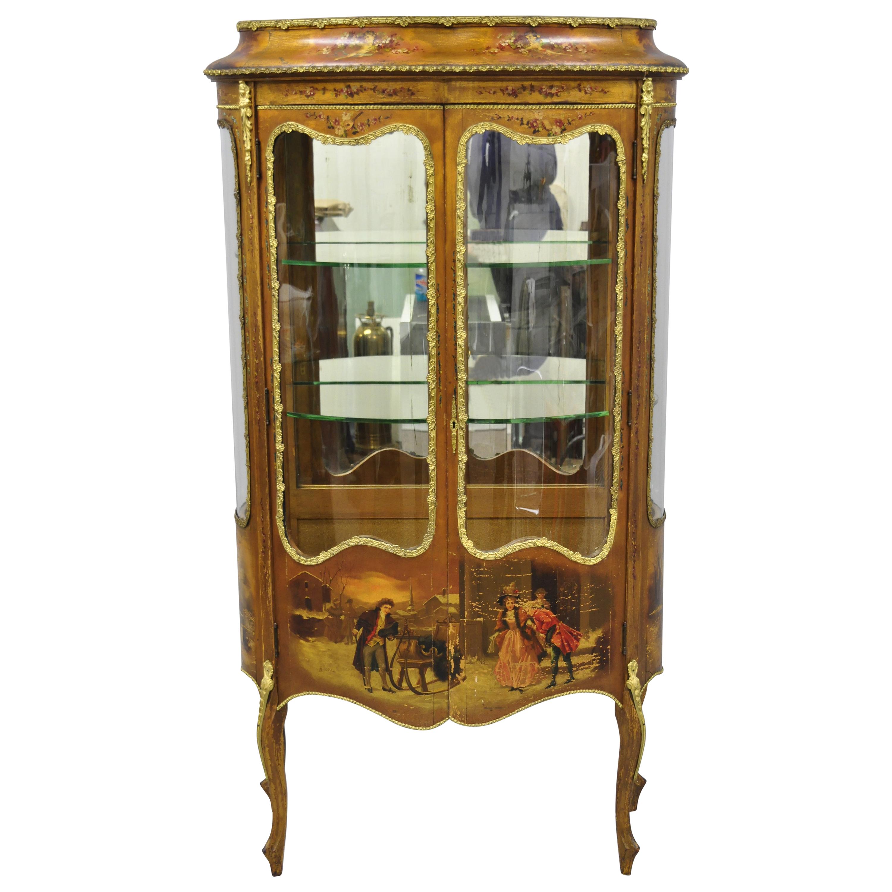 French Louis XV Style Hand Painted Vernis Martin Vitrine China Cabinet Curio