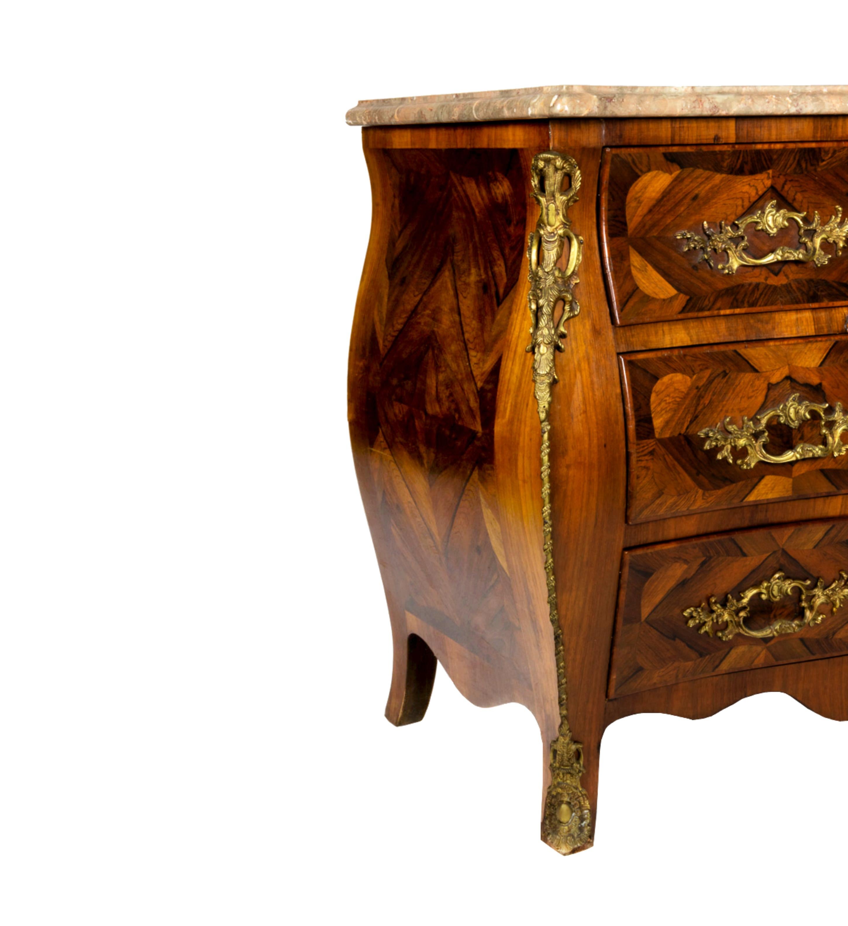 Marquetry French Louis XV Style Inlaid Marble-Top Bombe Commode Chest  For Sale