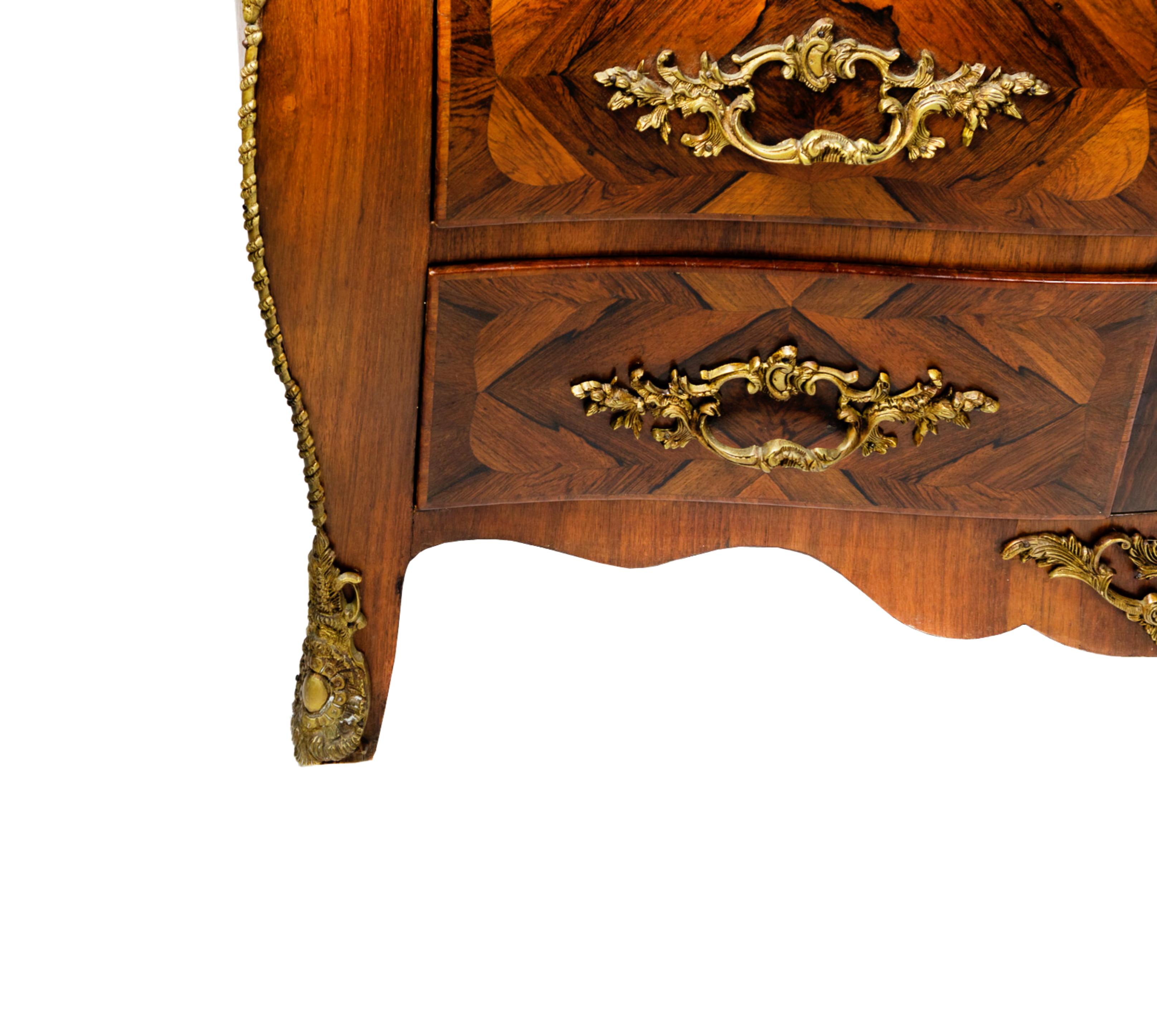 French Louis XV Style Inlaid Marble-Top Bombe Commode Chest  In Good Condition For Sale In Lisbon, PT