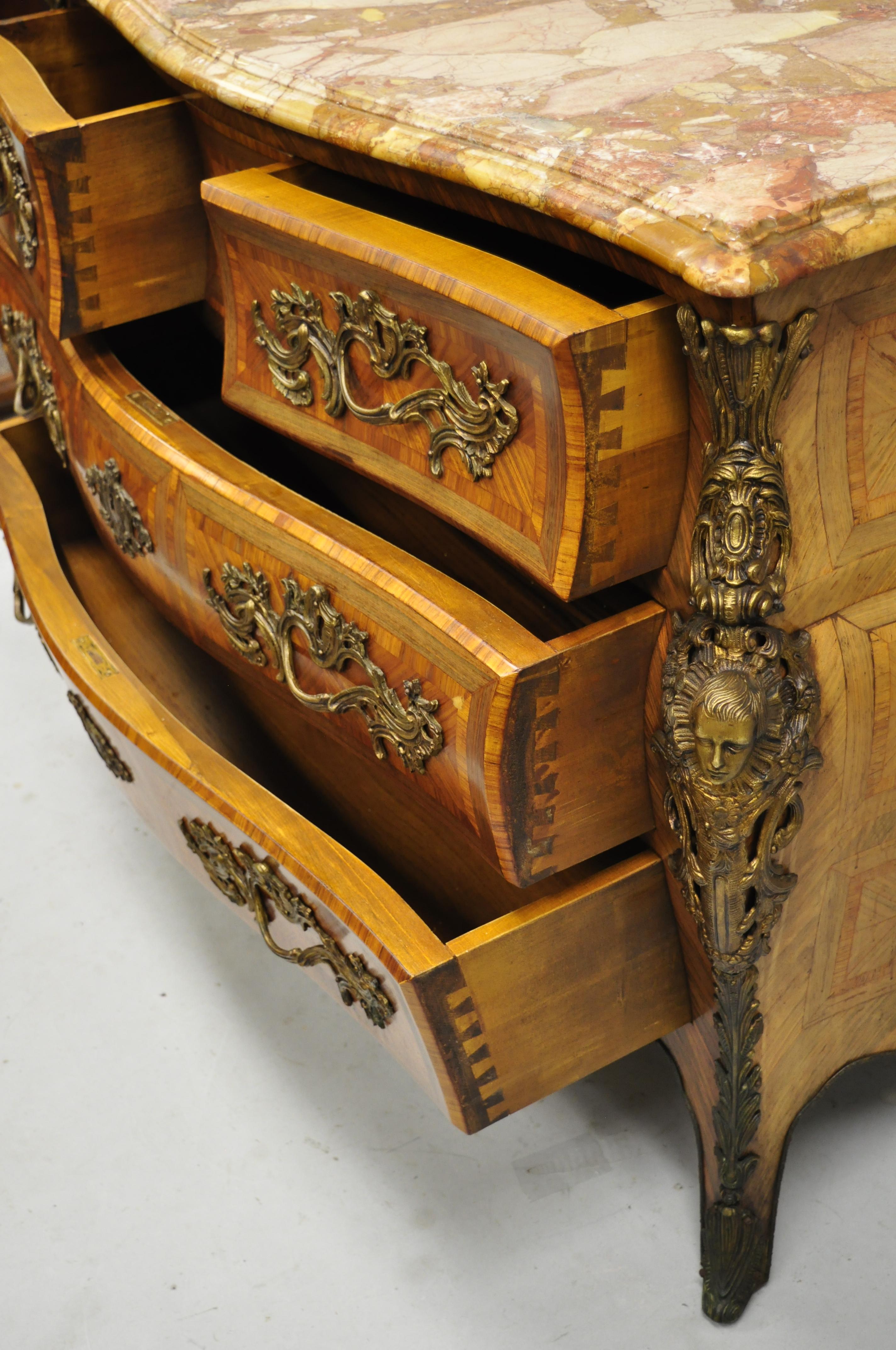 French Louis XV Style Inlaid Marble-Top Bombe Commode Chest with Bronze Figures For Sale 3