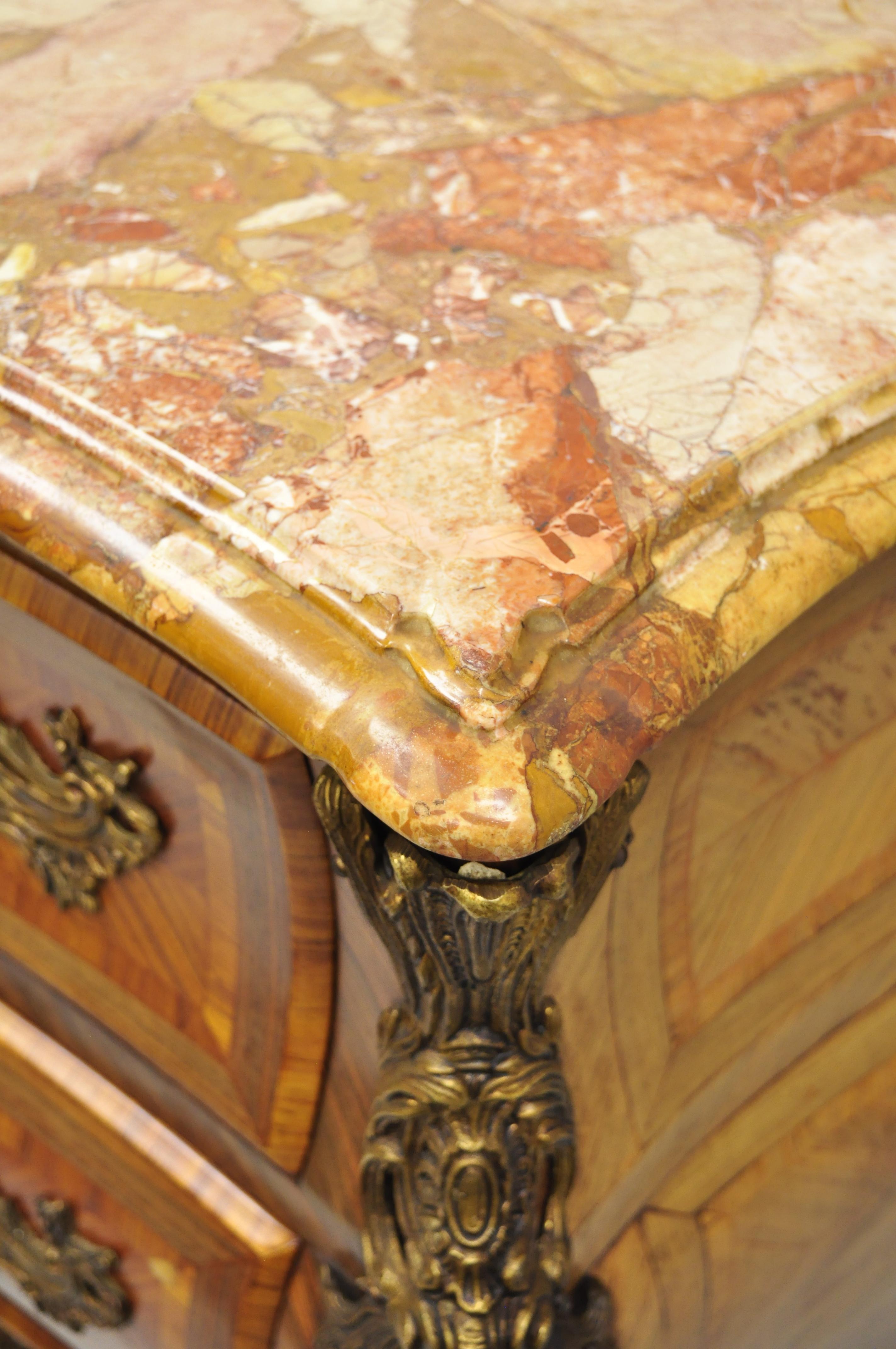 French Louis XV Style Inlaid Marble-Top Bombe Commode Chest with Bronze Figures For Sale 4