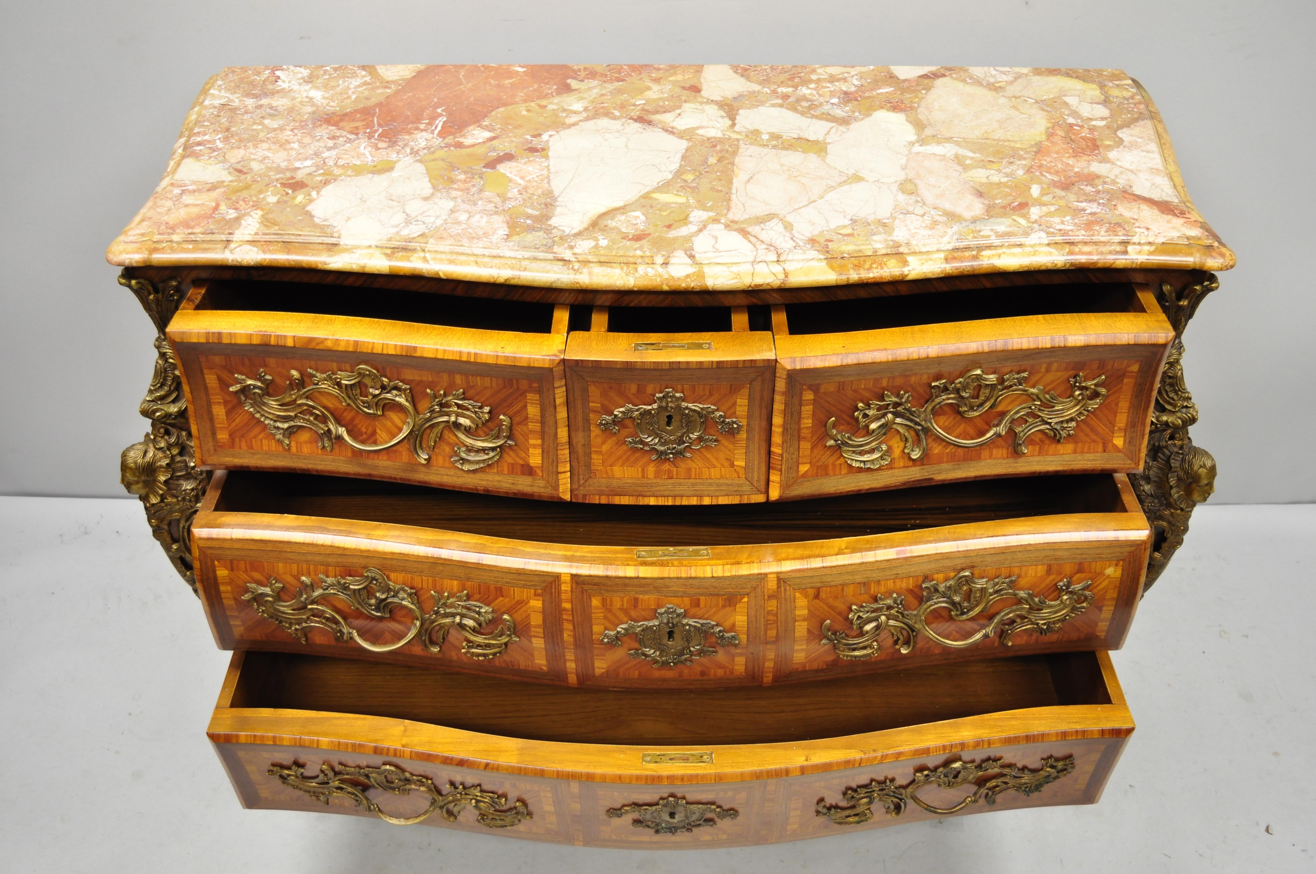 French Louis XV Style Inlaid Marble-Top Bombe Commode Chest with Bronze Figures For Sale 5