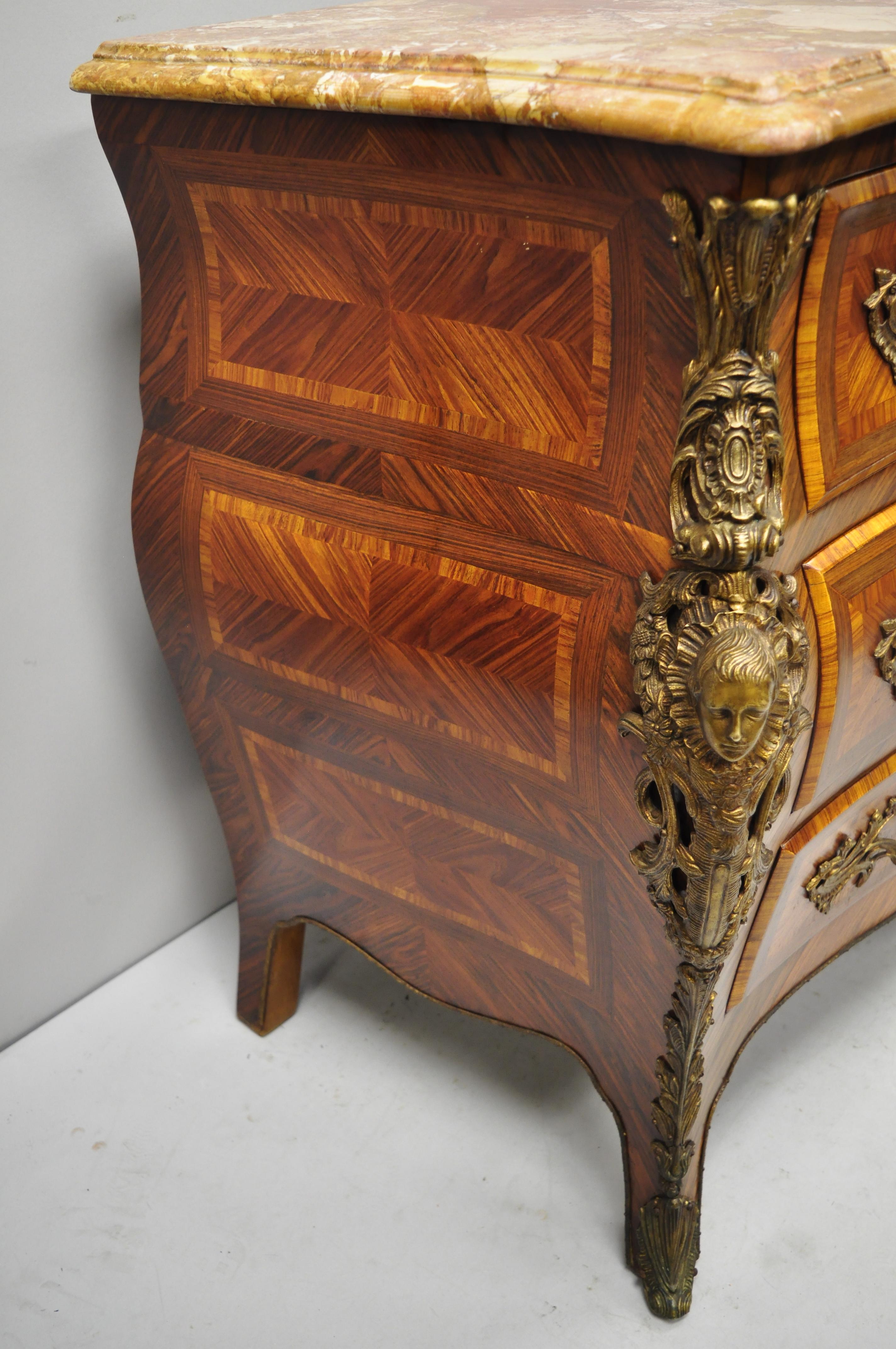 20th Century French Louis XV Style Inlaid Marble-Top Bombe Commode Chest with Bronze Figures For Sale
