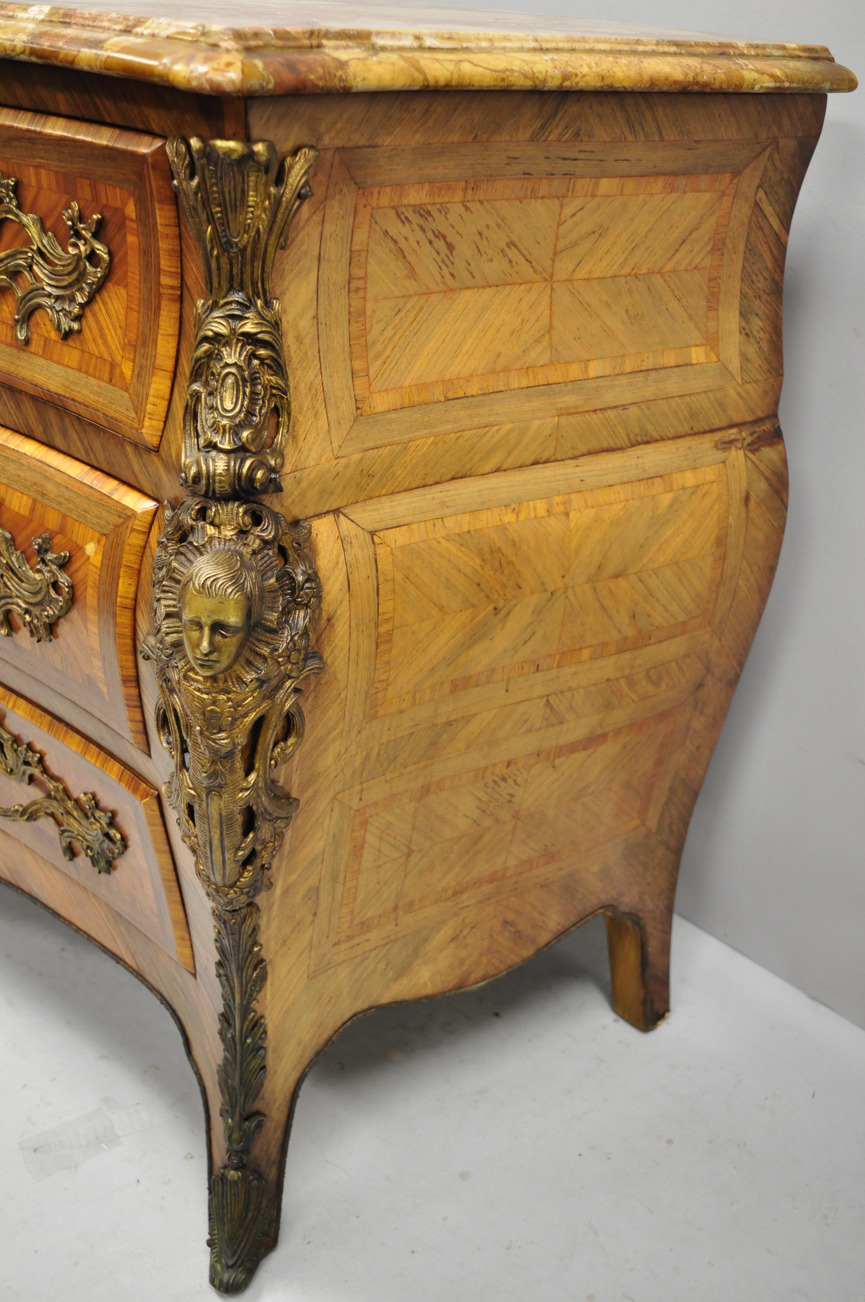 French Louis XV Style Inlaid Marble-Top Bombe Commode Chest with Bronze Figures For Sale 1