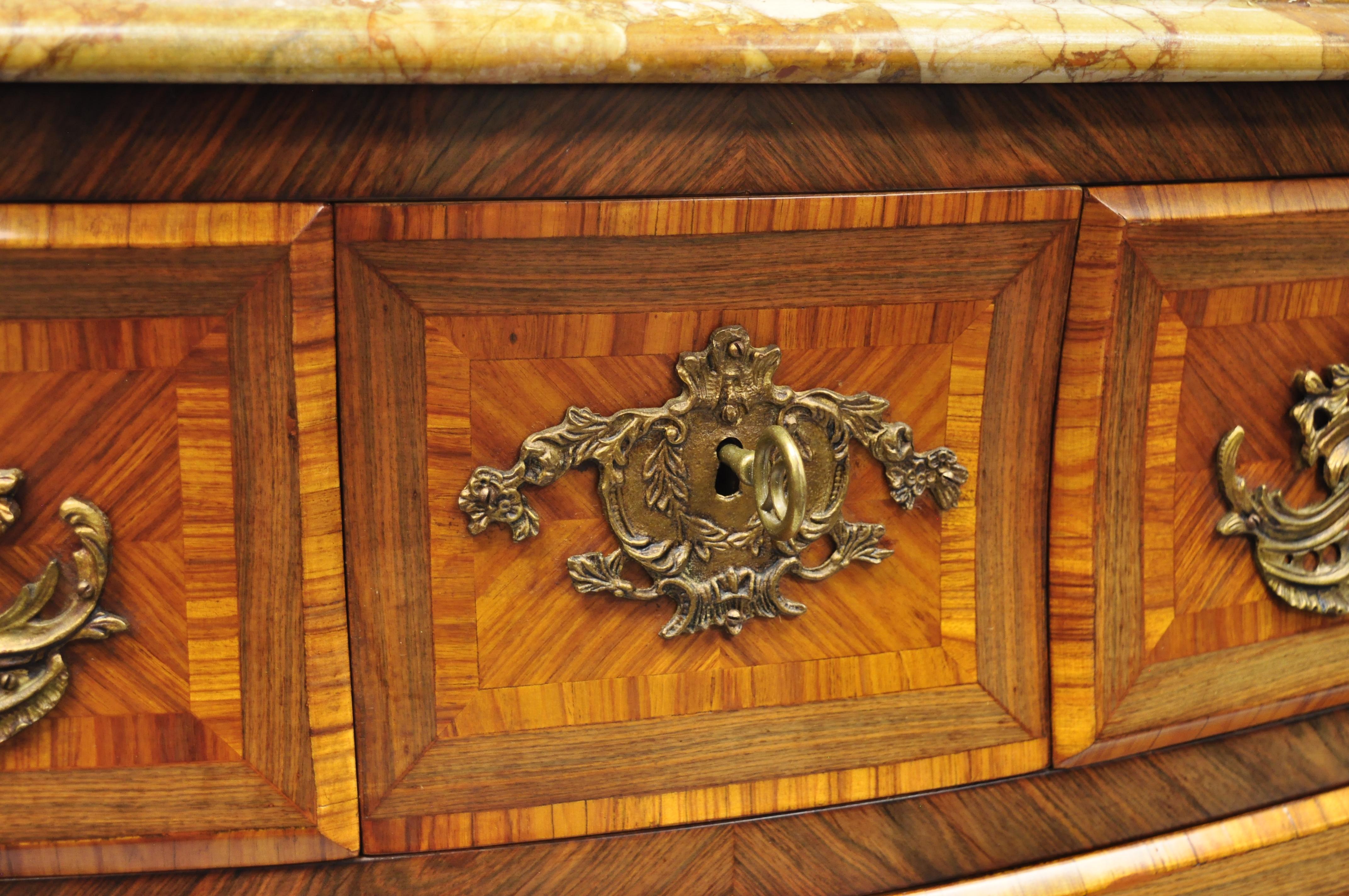 French Louis XV Style Inlaid Marble-Top Bombe Commode Chest with Bronze Figures For Sale 2