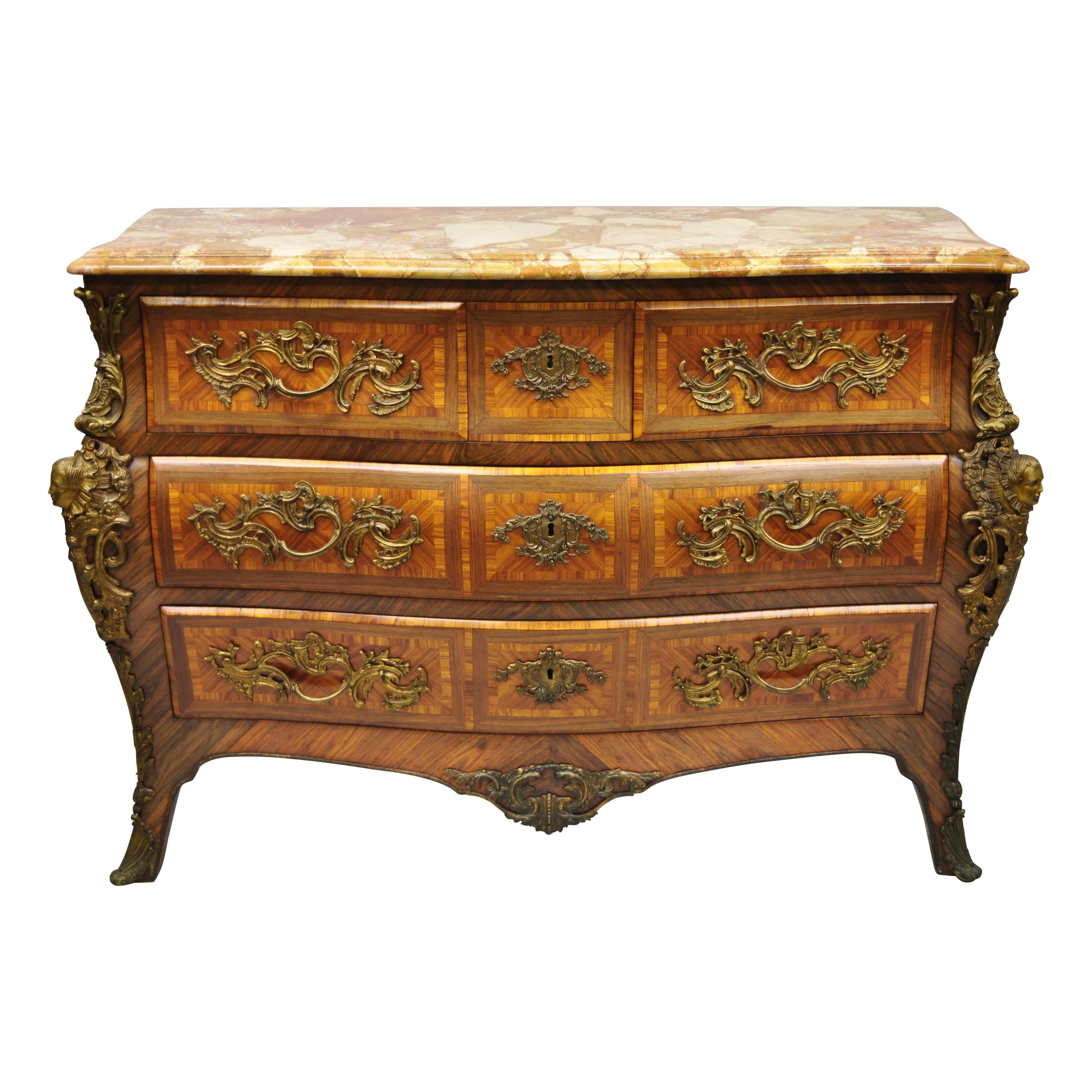 French Louis XV Style Inlaid Marble-Top Bombe Commode Chest with Bronze Figures