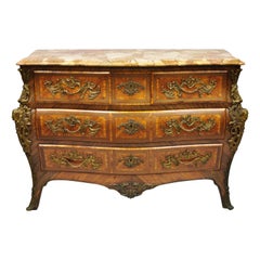 Vintage French Louis XV Style Inlaid Marble-Top Bombe Commode Chest with Bronze Figures