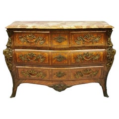 Vintage French Louis XV Style Inlaid Marble Top Bombe Commode Chest with Bronze Figures