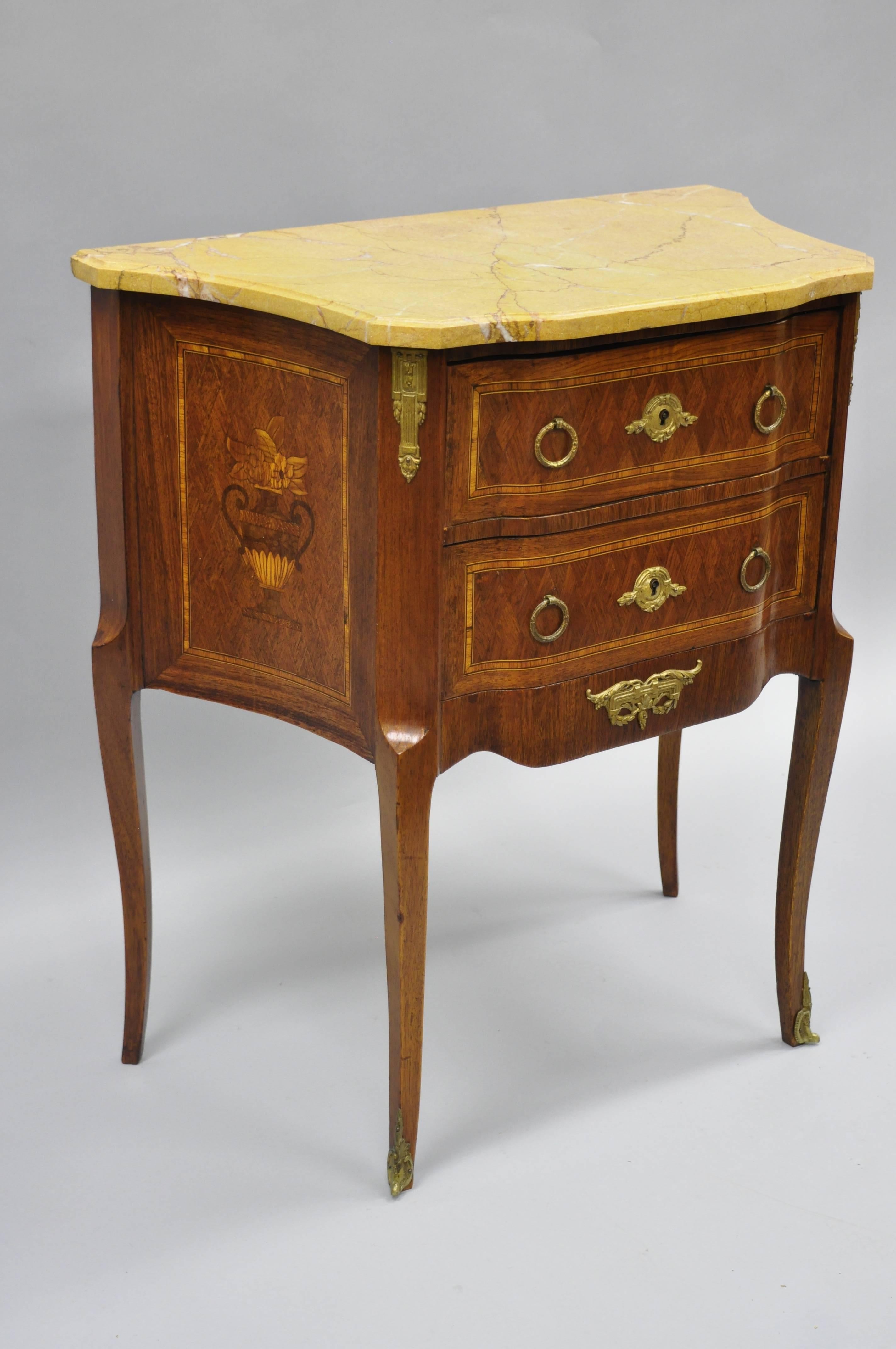 French Louis XV Style Inlaid Marble-Top Bombe Commode End Table Nightstand 4
