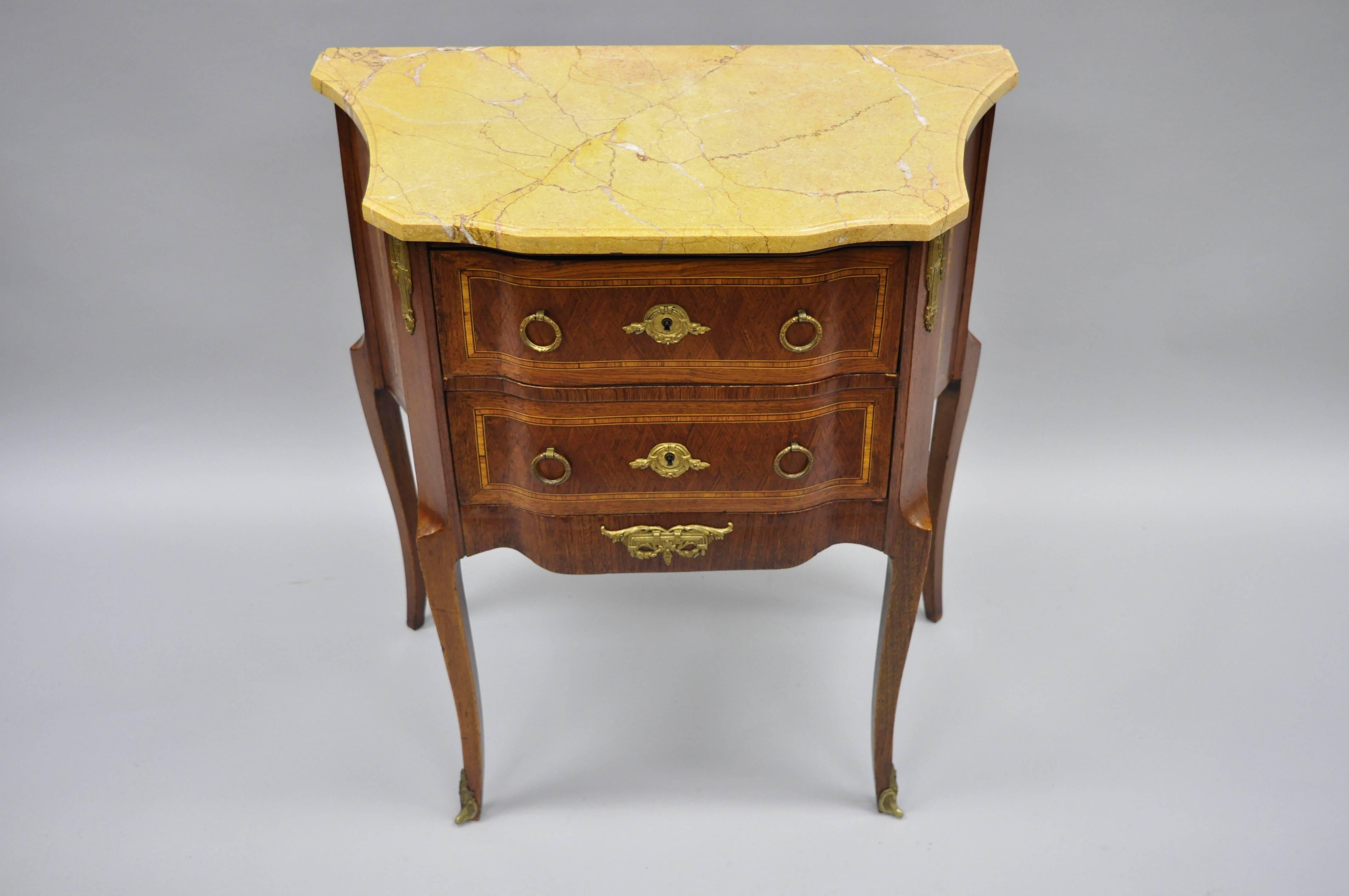 European French Louis XV Style Inlaid Marble-Top Bombe Commode End Table Nightstand