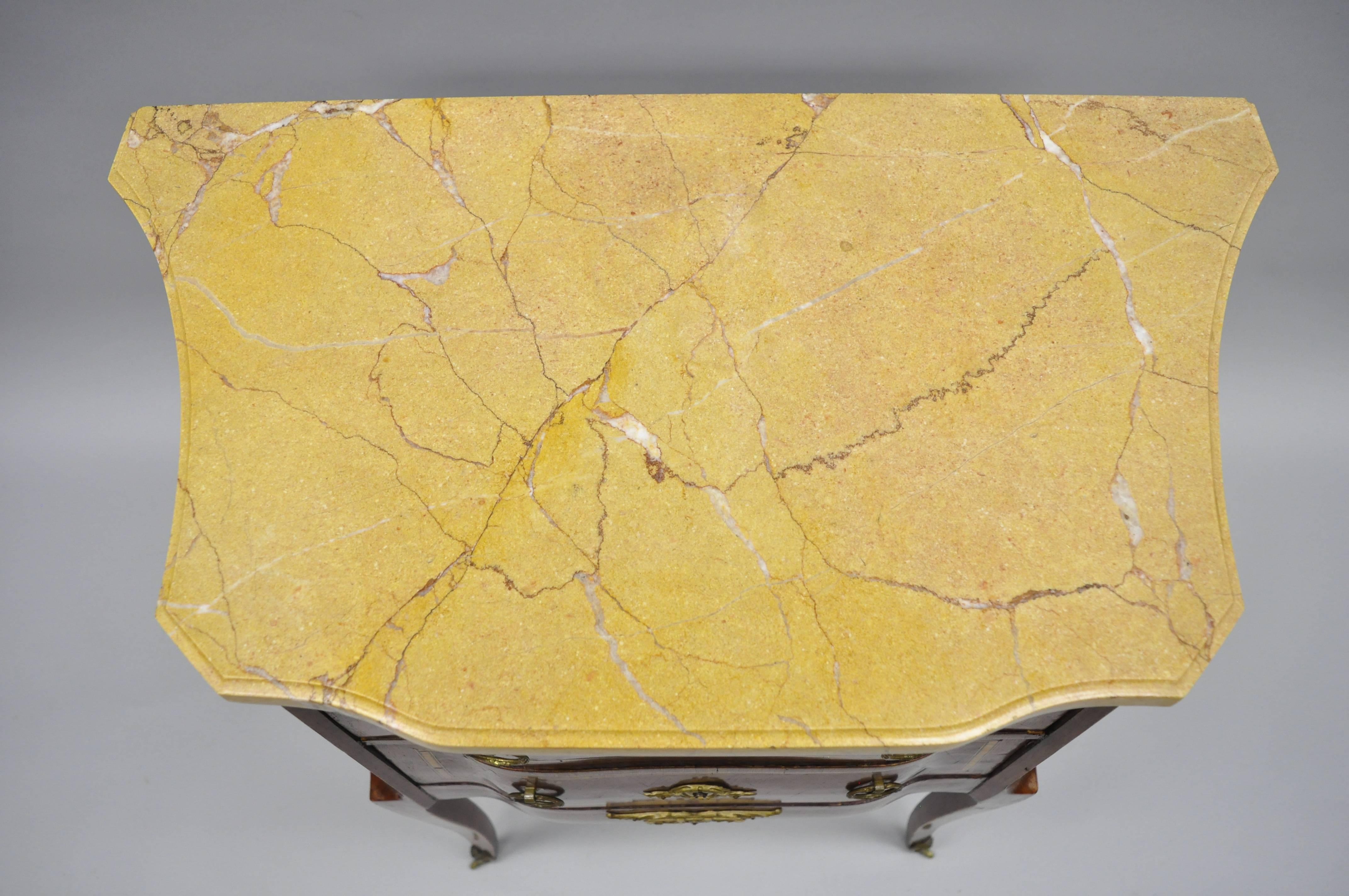 20th Century French Louis XV Style Inlaid Marble-Top Bombe Commode End Table Nightstand