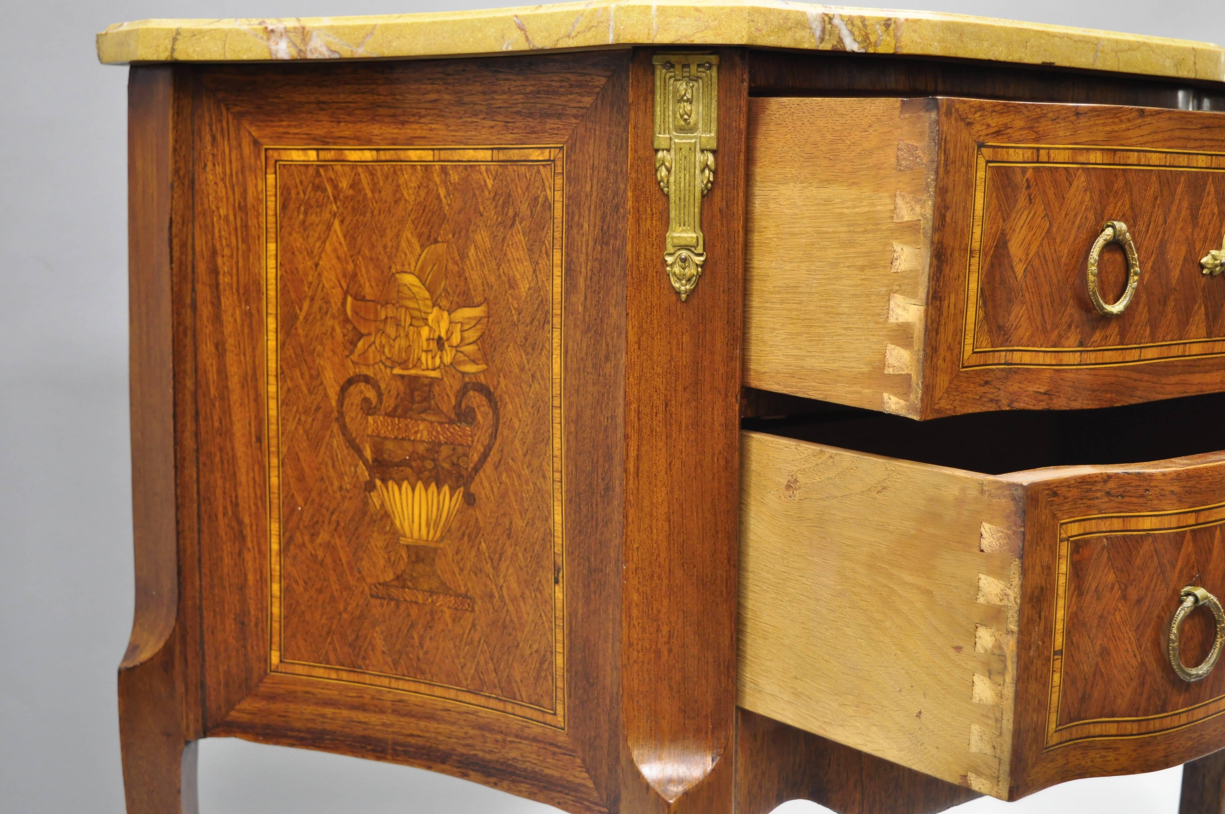 Bronze French Louis XV Style Inlaid Marble-Top Bombe Commode End Table Nightstand