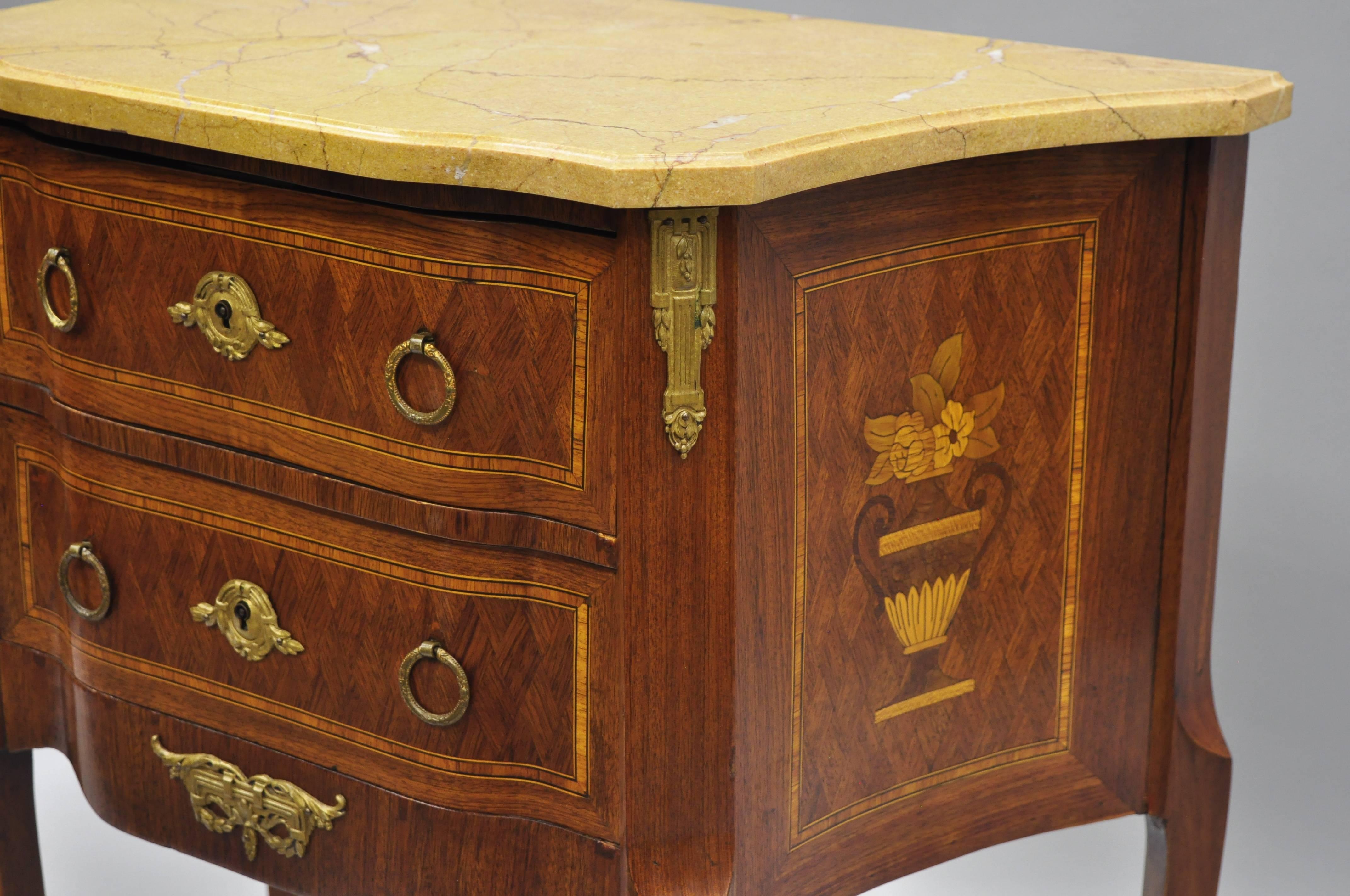 French Louis XV Style Inlaid Marble-Top Bombe Commode End Table Nightstand 1