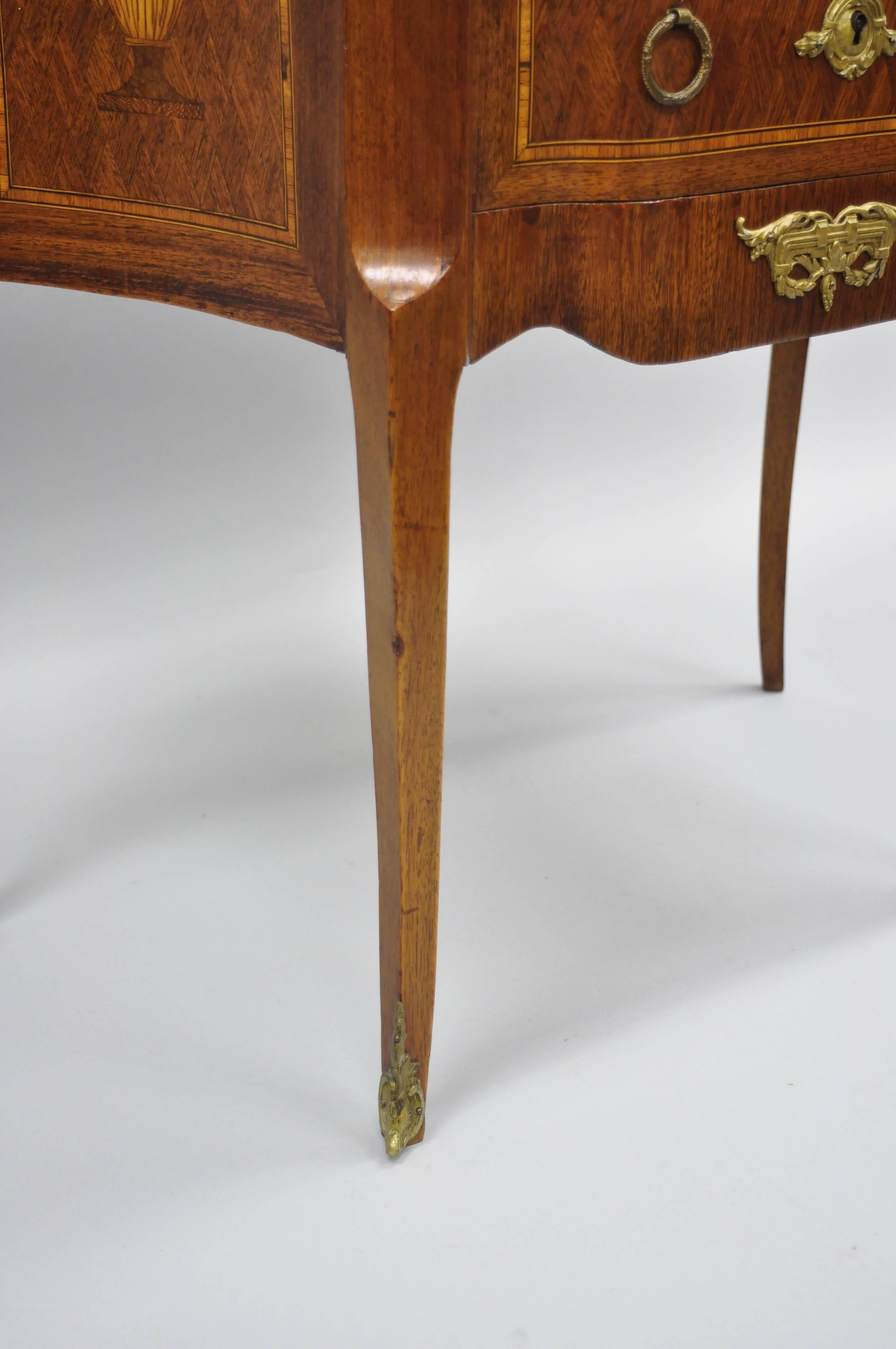 French Louis XV Style Inlaid Marble-Top Bombe Commode End Table Nightstand 3