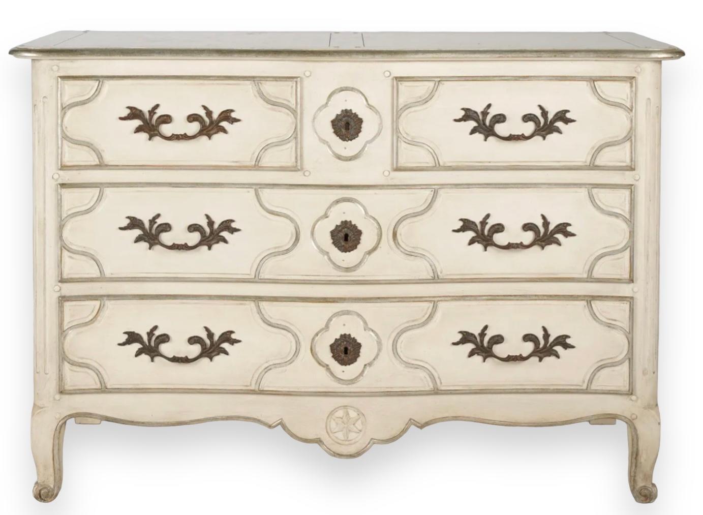 Brass French Louis XV Style Ivory Painted Chest / Commode By Baker Furniture Co.  For Sale