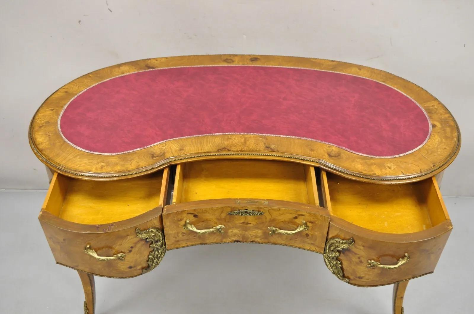 Veneer French Louis XV Style Kidney Shaped Leather Top Bronze Mounted 3 Drawer Desk For Sale