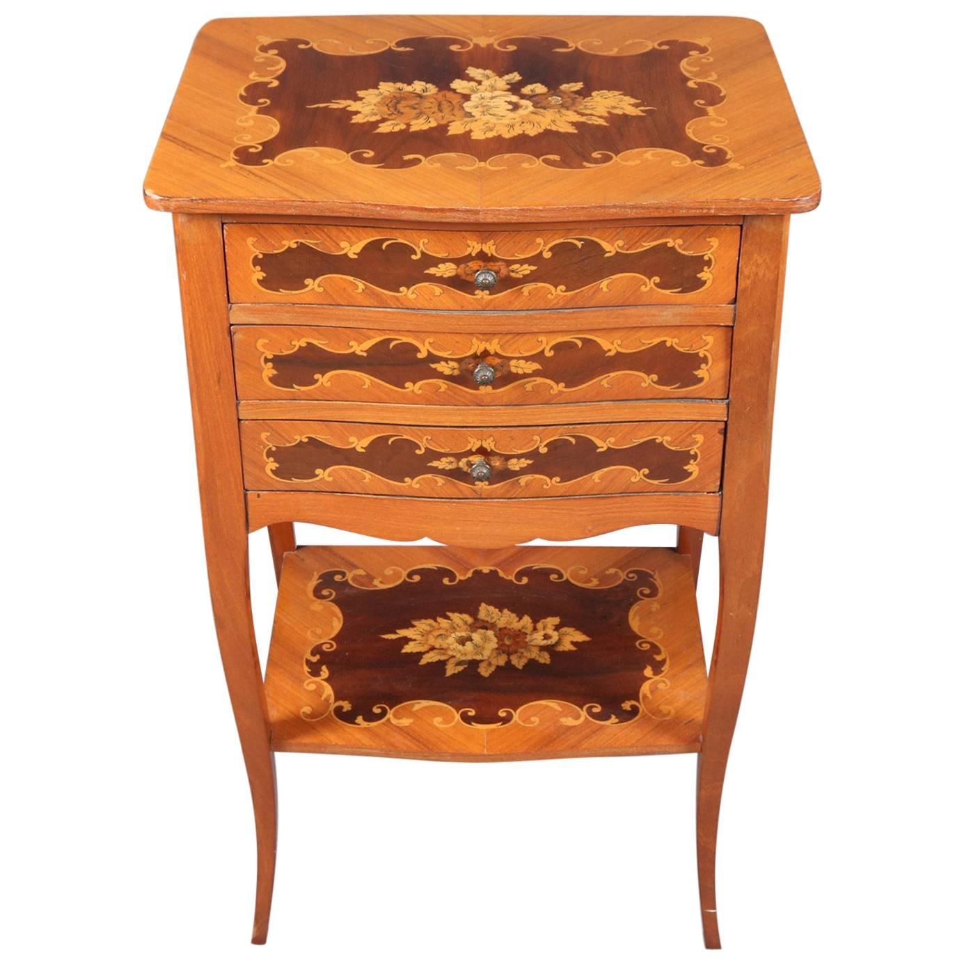 French Louis XV Style Kingwood Floral Marquetry Three-Drawer Stand, 20th Century