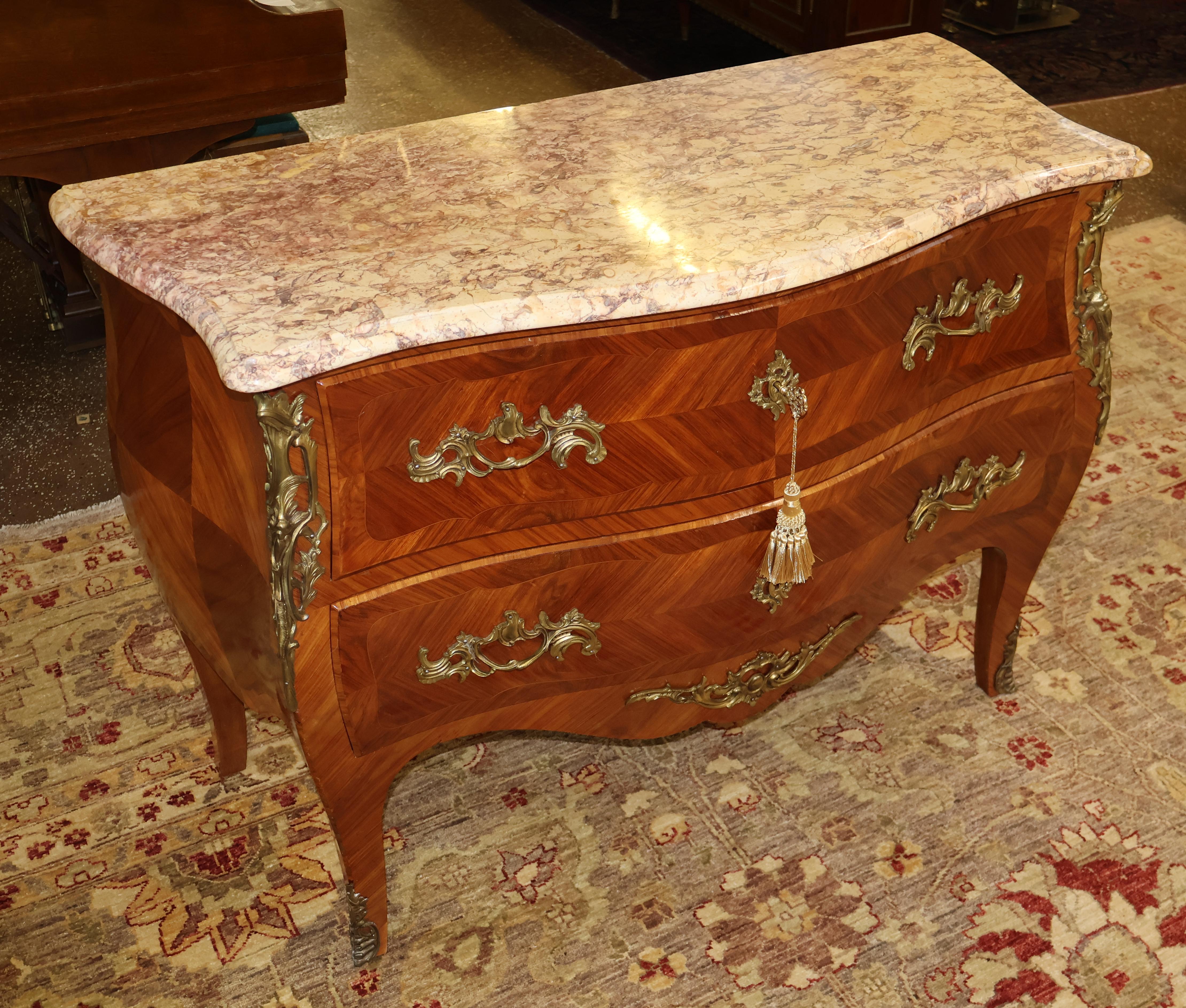 Early 20th Century French Louis XV Style Kingwood Marble Top Commode Dresser Chest of Drawers For Sale
