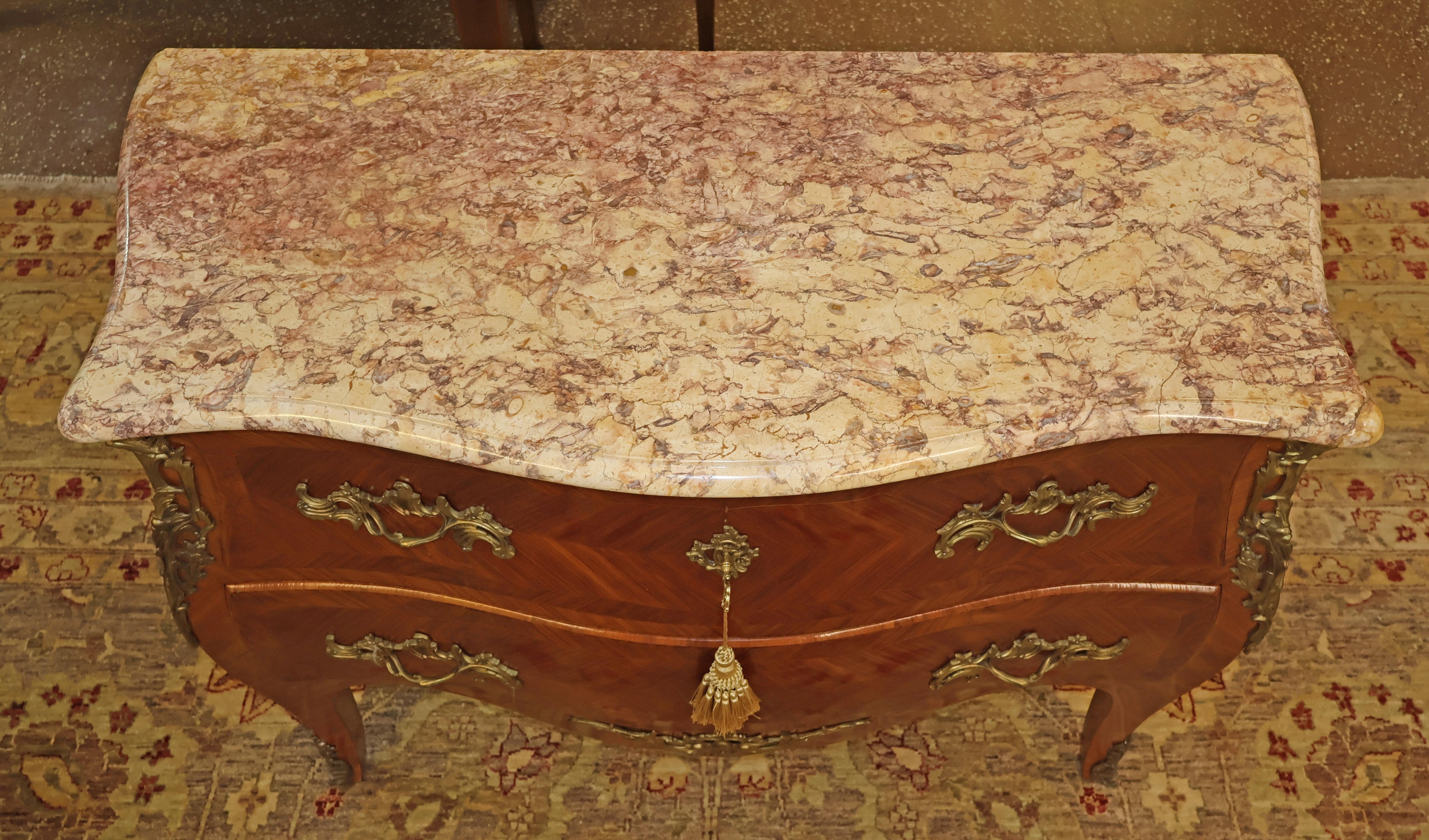 French Louis XV Style Kingwood Marble Top Commode Dresser Chest of Drawers For Sale 3