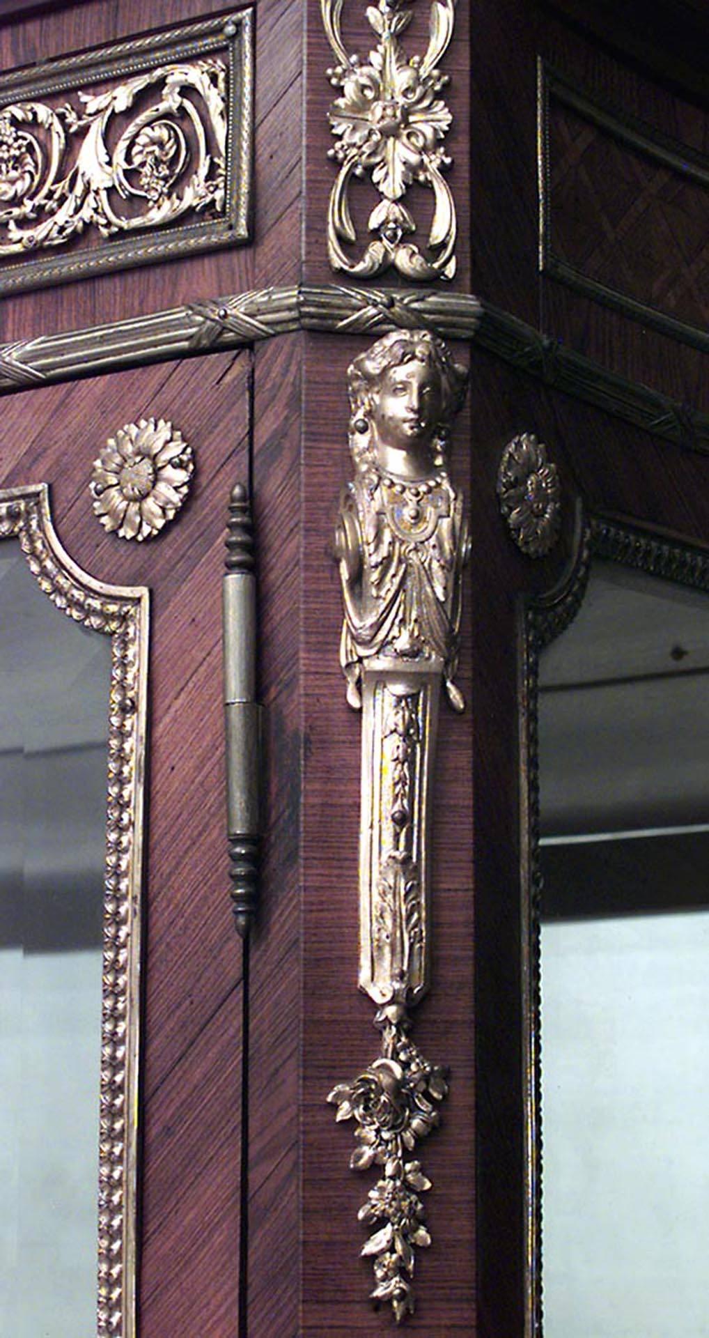 French Louis XV-style (19th Century) kingwood 2 door vitrine display cabinet with shaped glass sides and rust marble top
