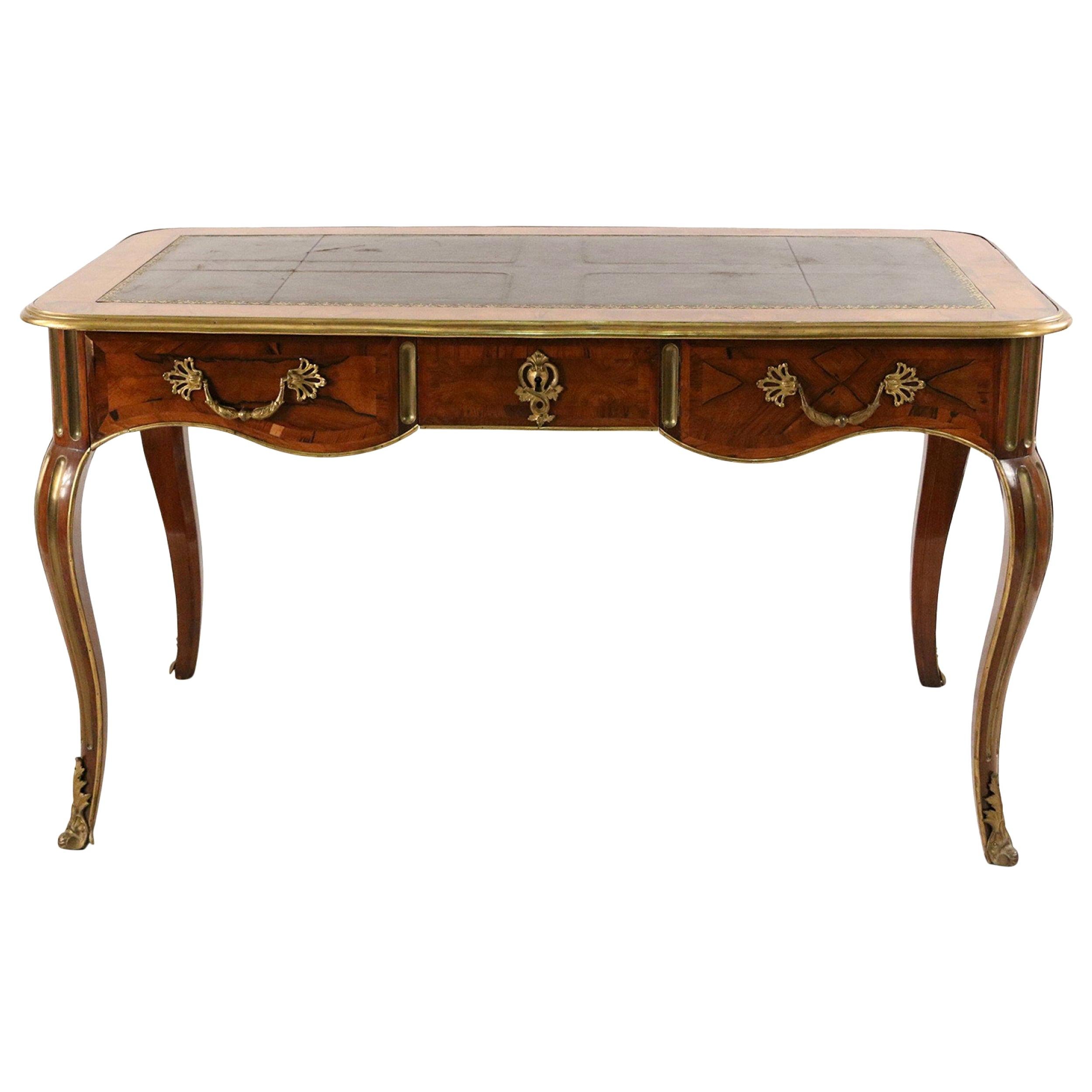 French Louis XV Style Kingwood Veneer Desk with Leather Top and Brass Hardware For Sale