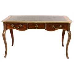 French Louis XV Style Kingwood Veneer Desk with Leather Top and Brass Hardware
