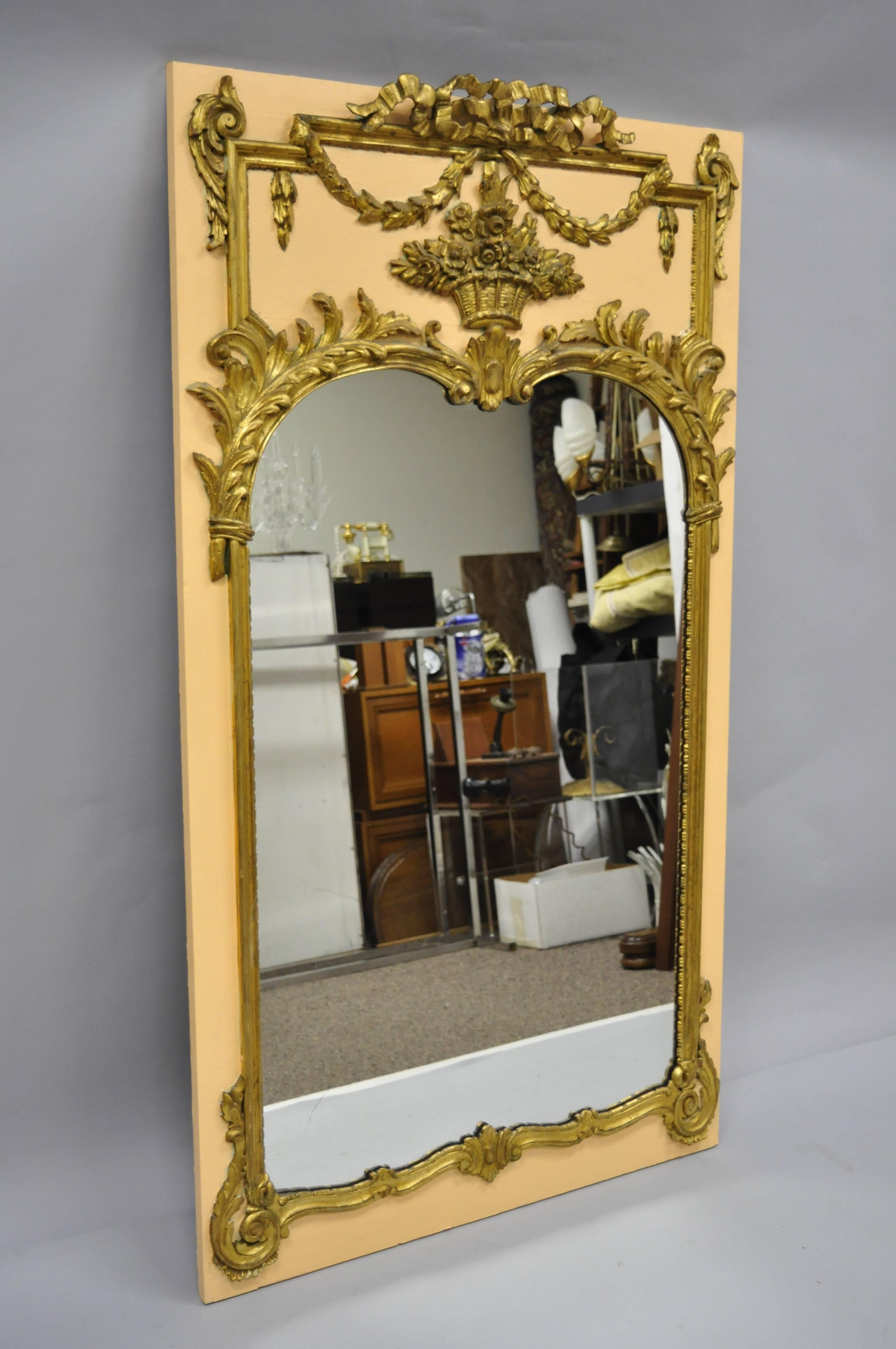 French Louis XV Style Large Giltwood Trumeau Wall Mirror Peach and Gold For Sale 8