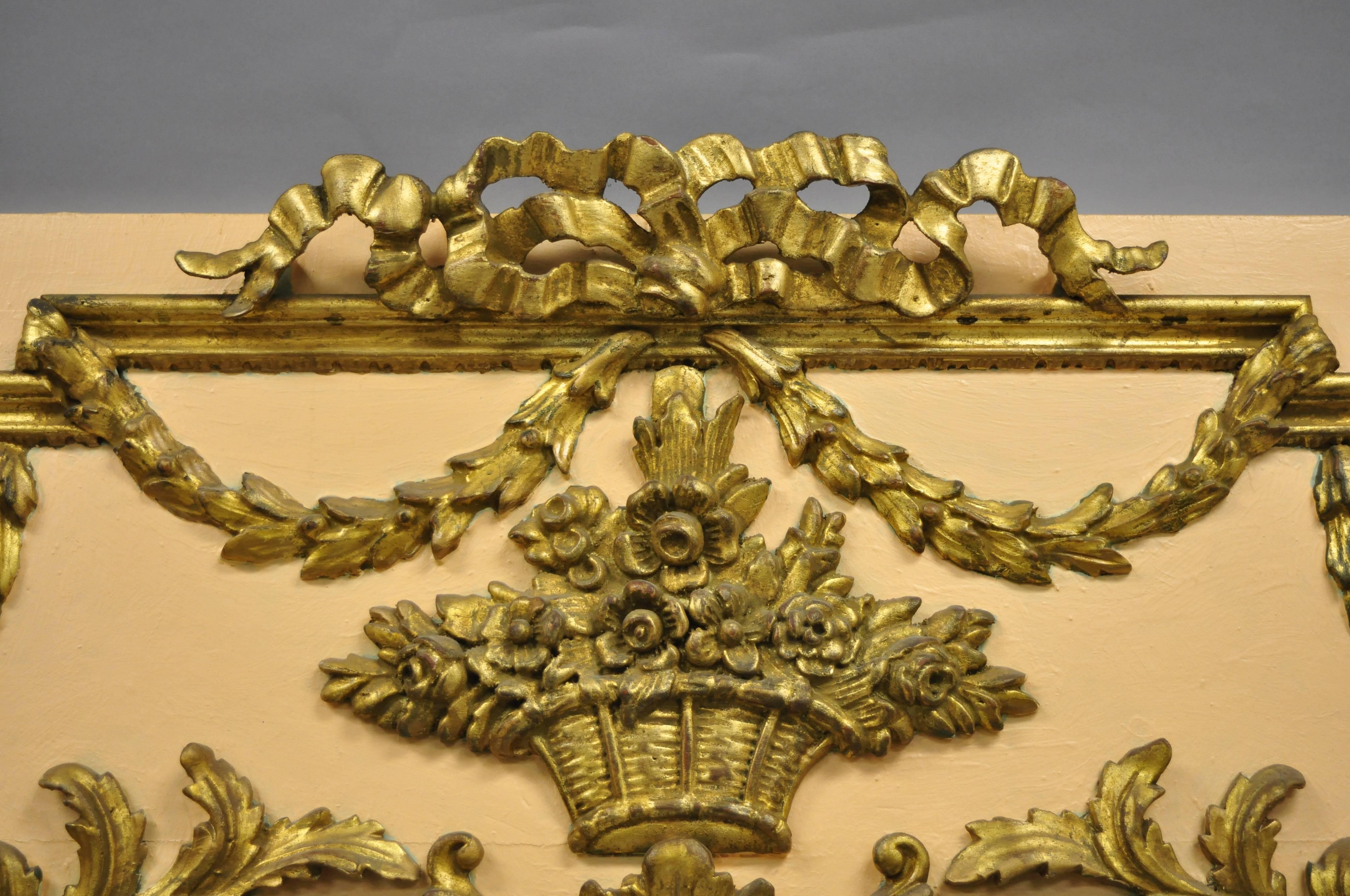 French Louis XV Style Large Giltwood Trumeau Wall Mirror Peach and Gold In Distressed Condition For Sale In Philadelphia, PA