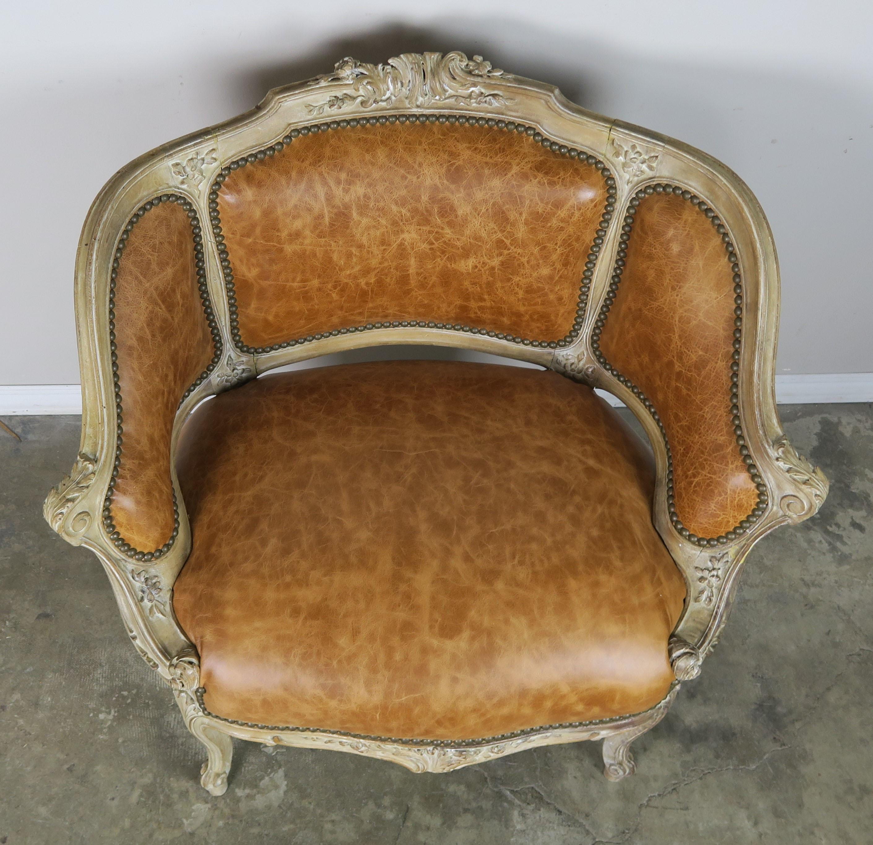 French Louis XV Style Leather Armchair, circa 1920s 1