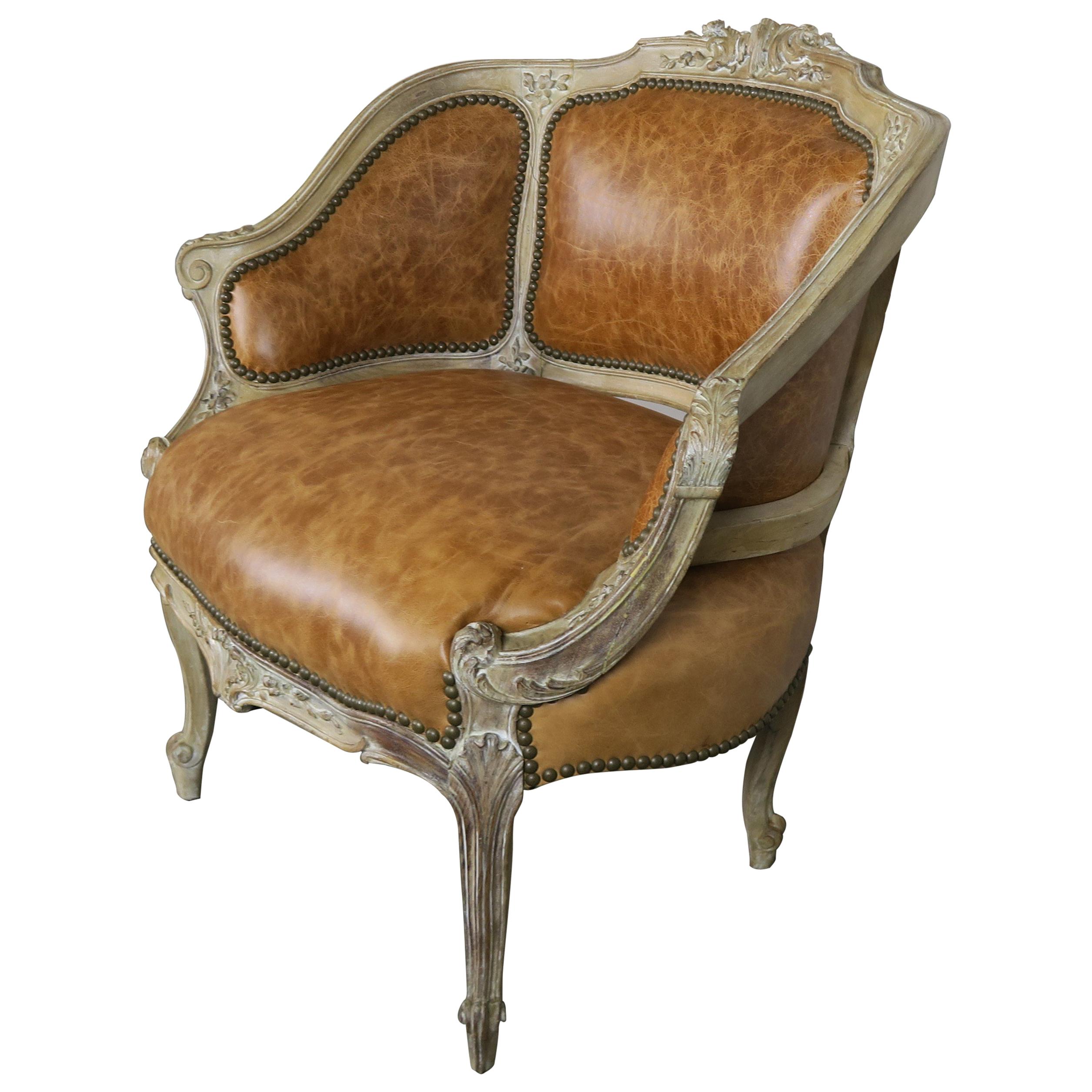 French Louis XV Style Leather Armchair, circa 1920s