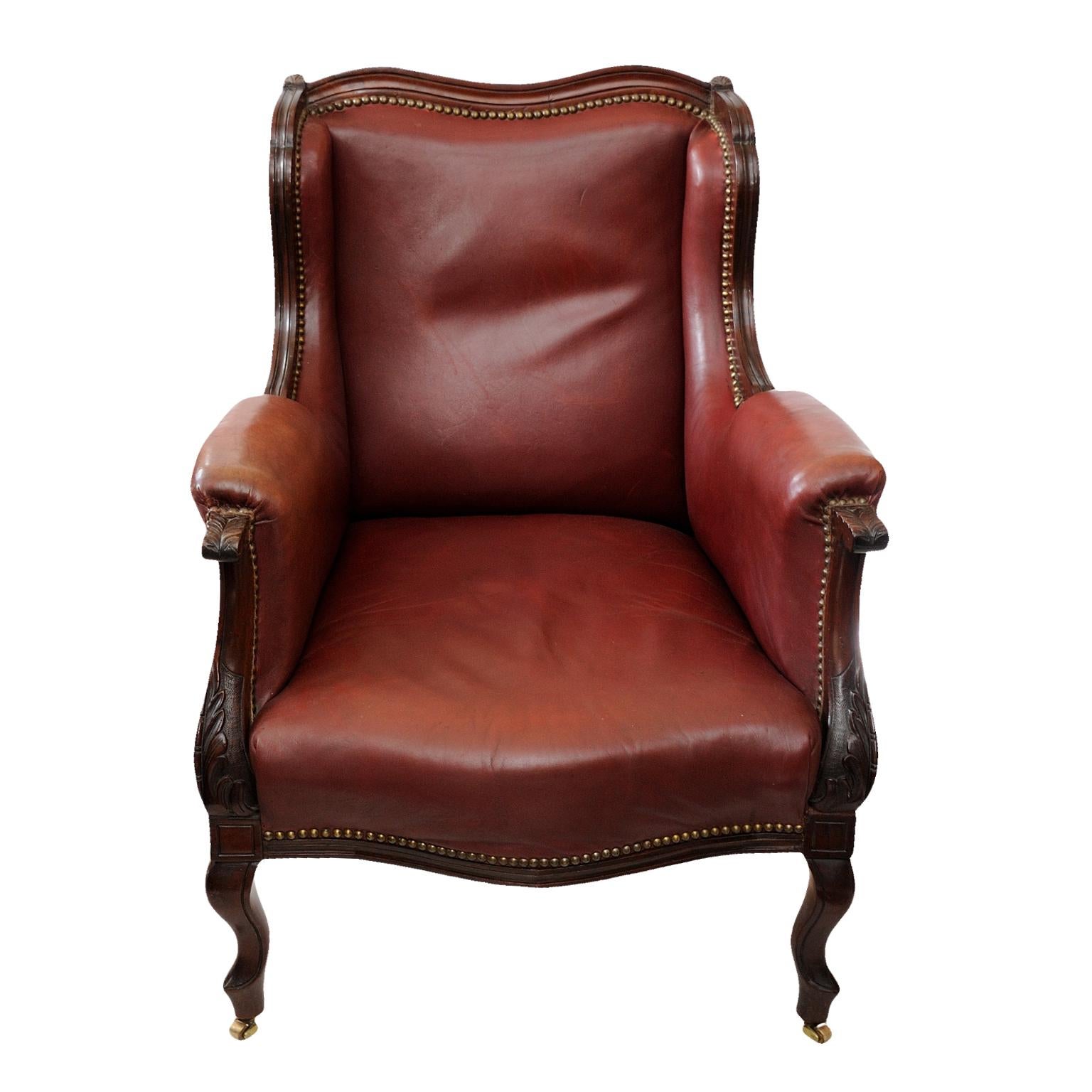 This is a most comfortable and very fine quality leather upholstered French Louis XV style bergere chair of very usable dimensions, circa 1860. 

Measures: Height 89cm (35