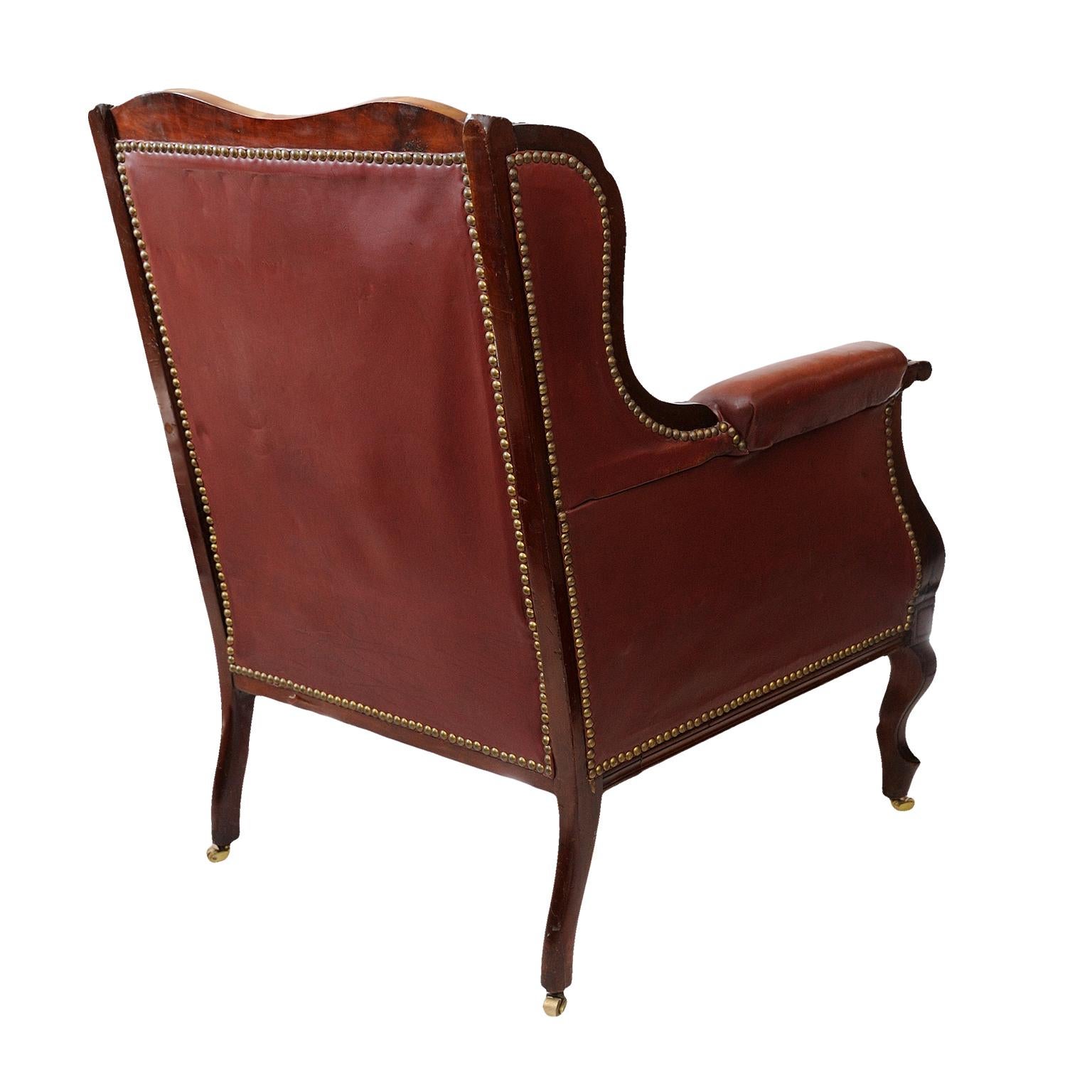 Polished French Louis XV Style Leather Bergere Chair, circa 1860 For Sale