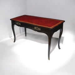 French Louis XV Style Leather Top, Bronze, Black Lacquer Writing Desk By Bodart