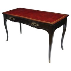 French Louis XV Style Leather Top, Bronze, Black Lacquer Writing Desk By Bodart