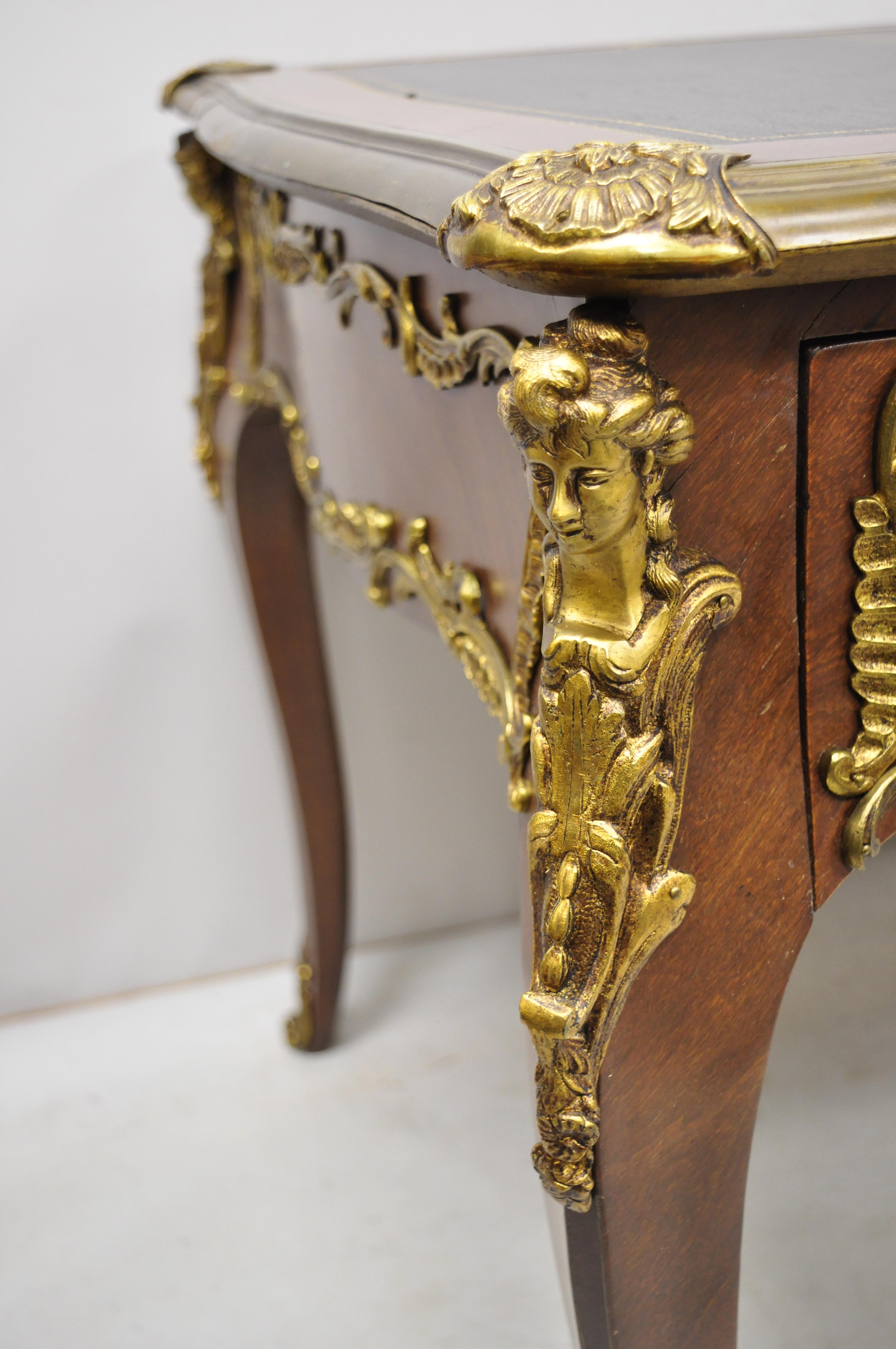 French Louis XV Style Leather Top Bronze Figural Ormolu Bureau Plat Writing Desk 5
