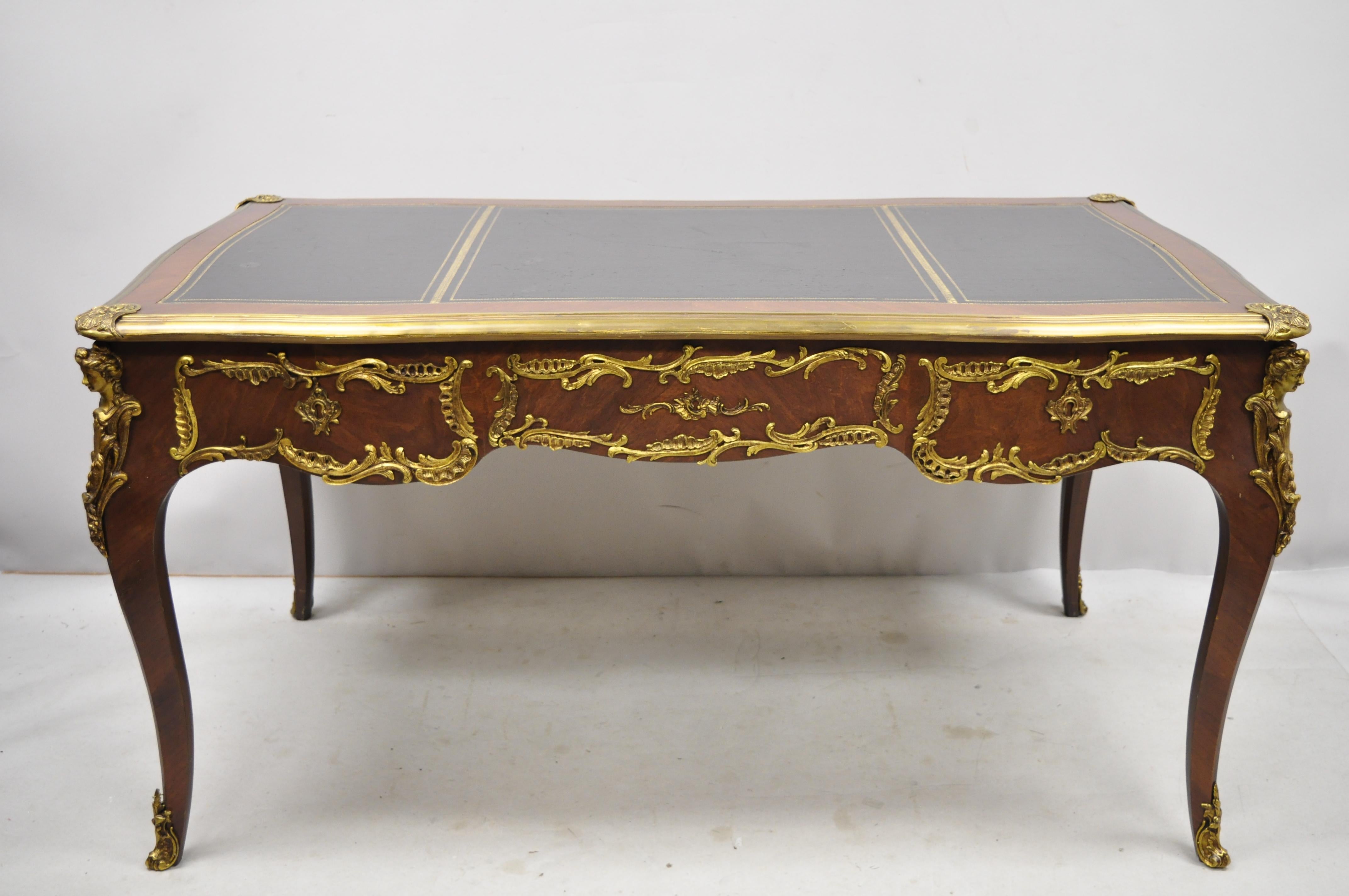 French Louis XV Style Leather Top Bronze Figural Ormolu Bureau Plat Writing Desk 7