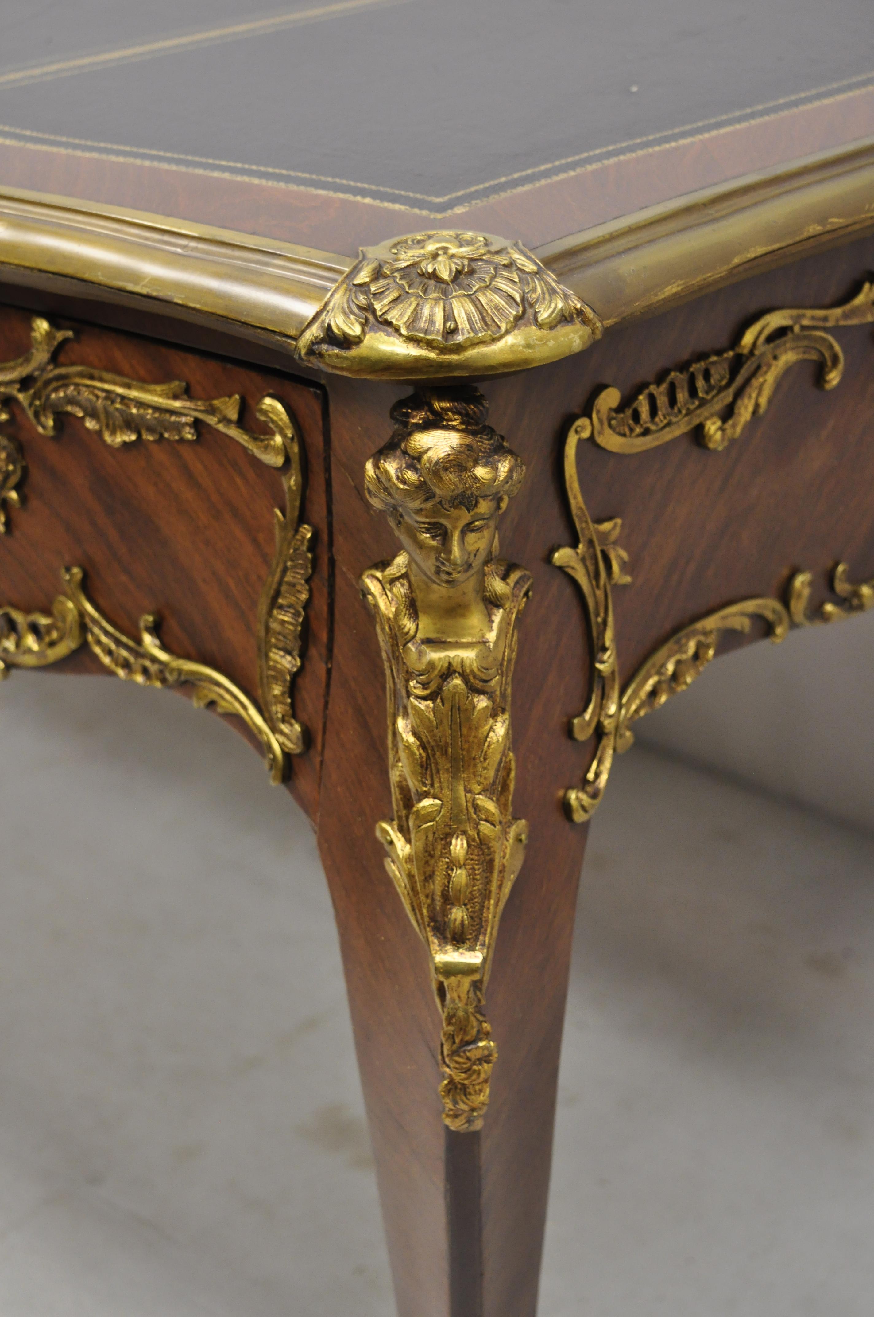 Spanish French Louis XV Style Leather Top Bronze Figural Ormolu Bureau Plat Writing Desk