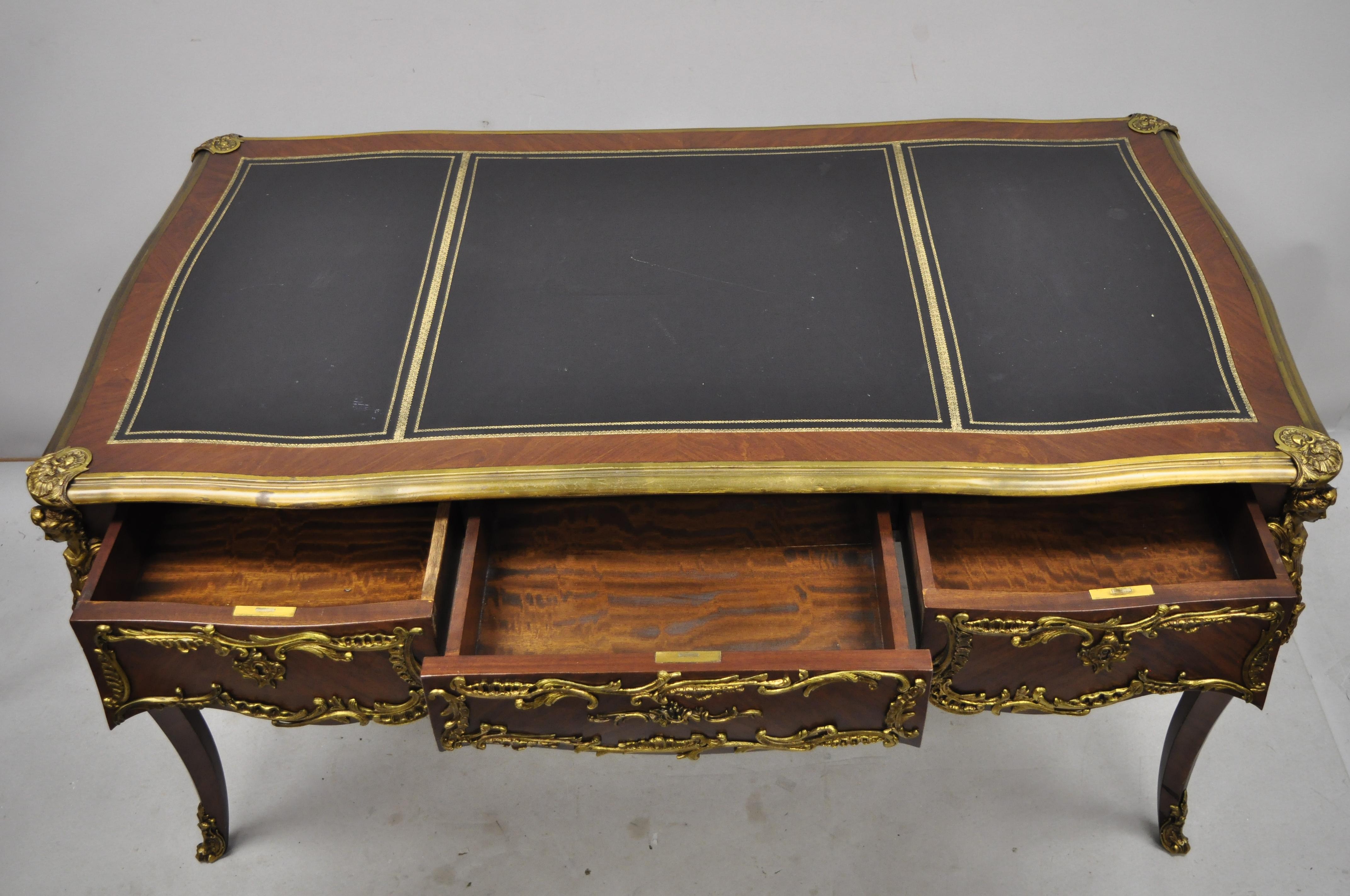 French Louis XV Style Leather Top Bronze Figural Ormolu Bureau Plat Writing Desk In Good Condition In Philadelphia, PA